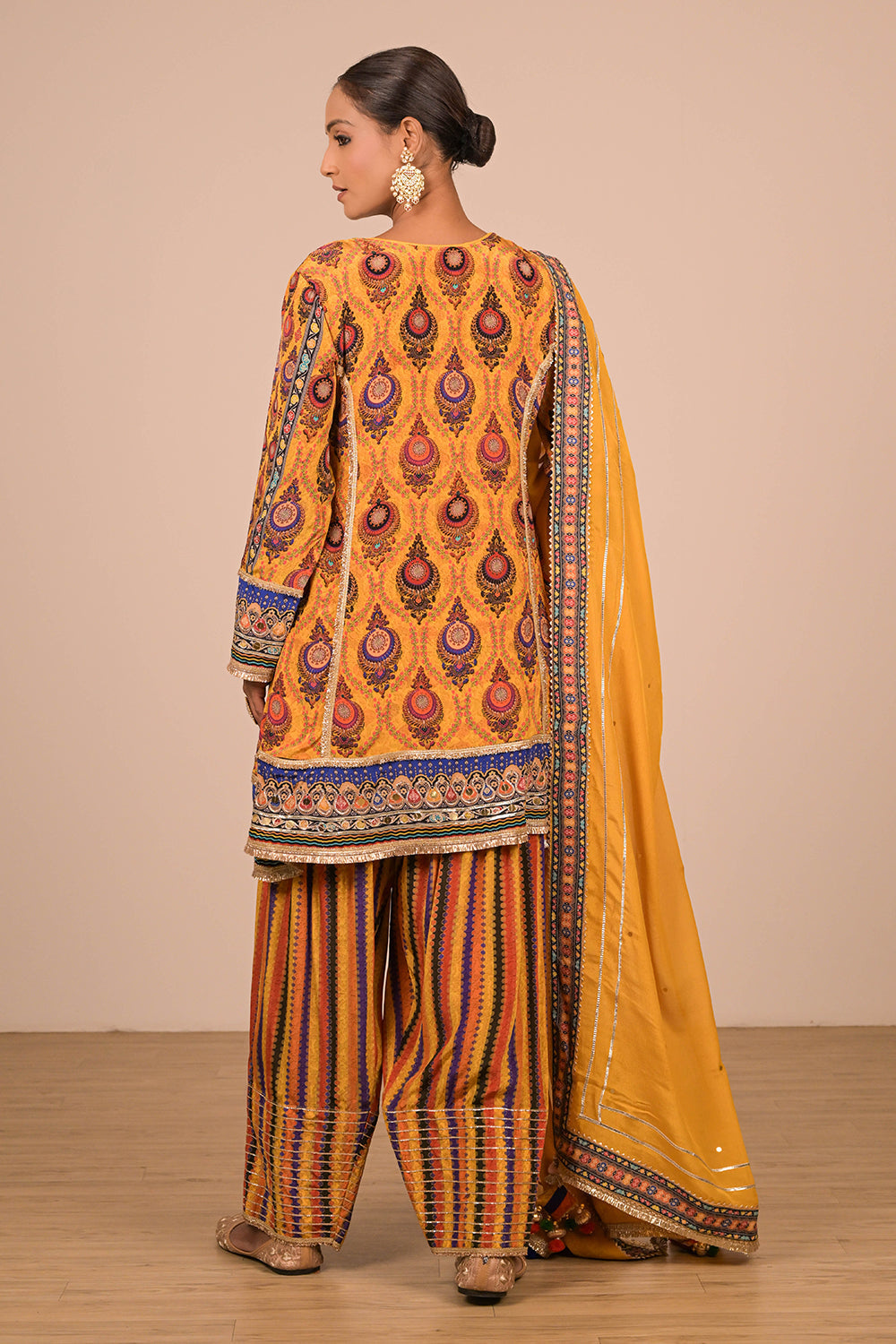 Yellow Crepe Suit Set with Farsi Salwar with Canvas Tote Bag