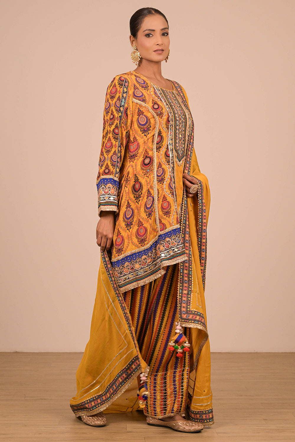 Yellow Crepe Suit Set with Farsi Salwar with Canvas Tote Bag