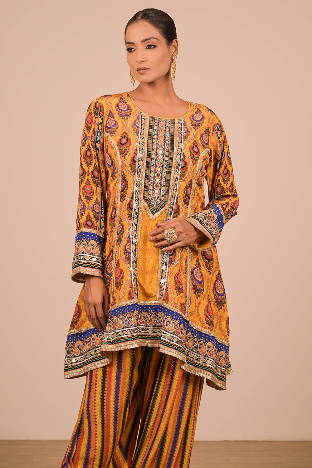 Yellow Crepe Suit Set with Farsi Salwar with Canvas Tote Bag