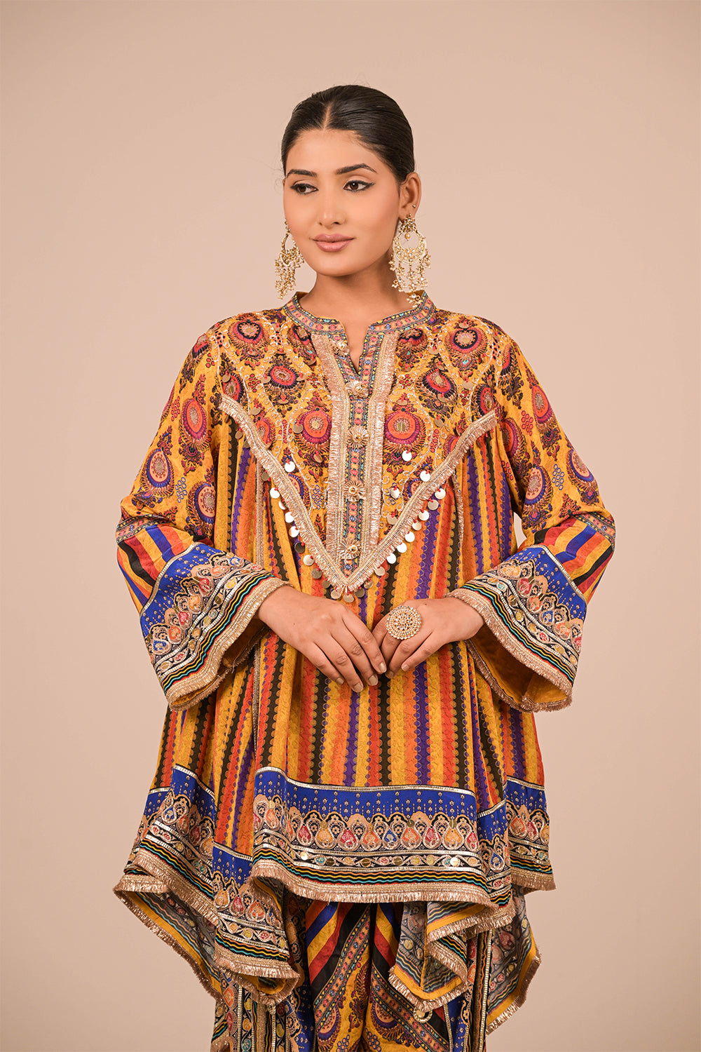 Yellow Crepe Suit Set with Tulip Pants with Canvas Tote Bag