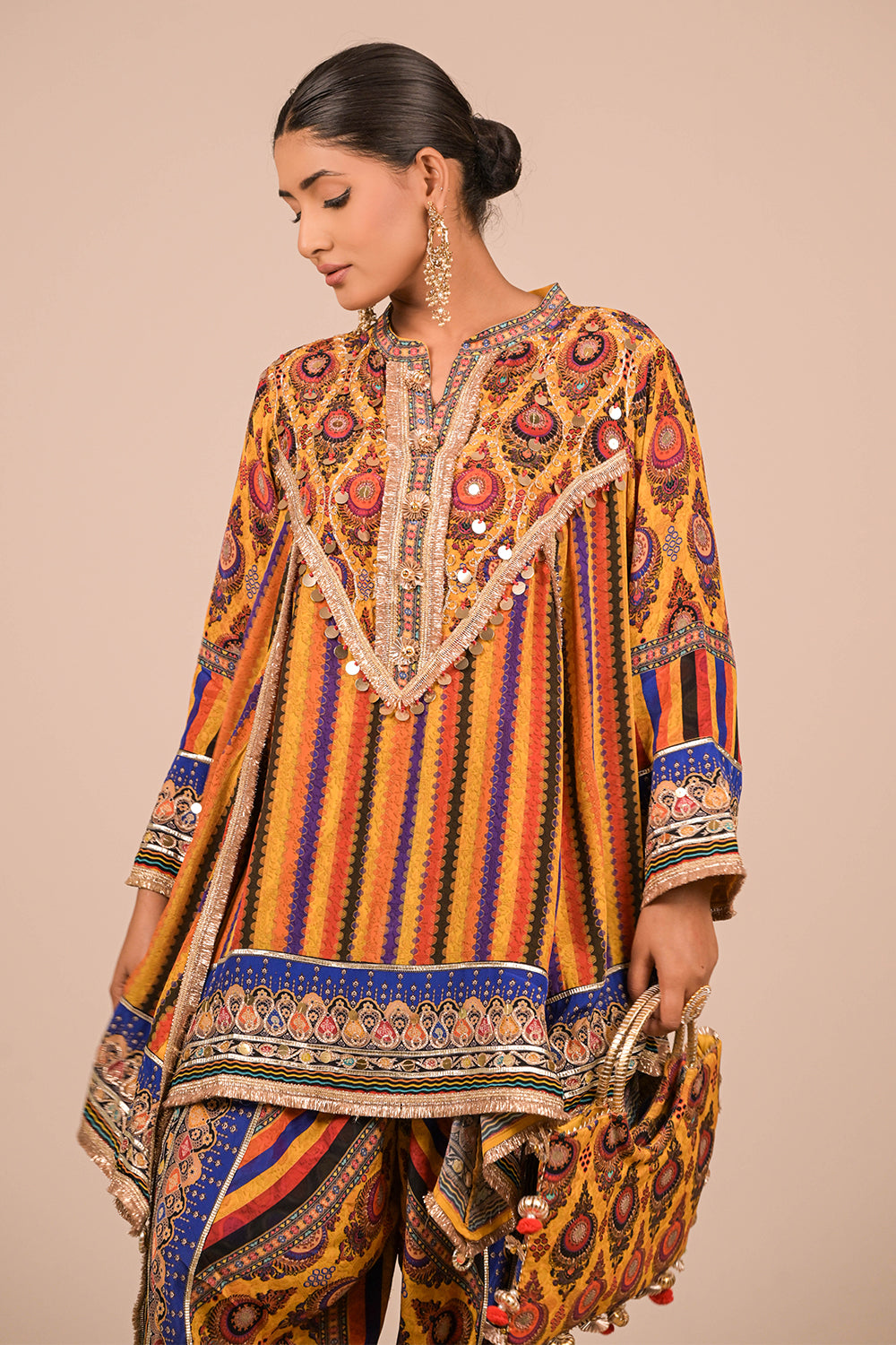 Yellow Crepe Suit Set with Tulip Pants with Canvas Tote Bag