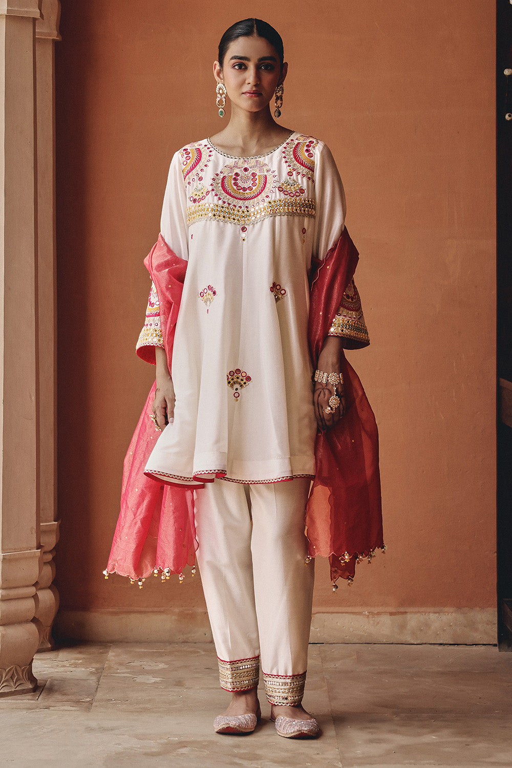Ivory Shehnai Flared Silk Blend Set with Pink Tissue Dupatta