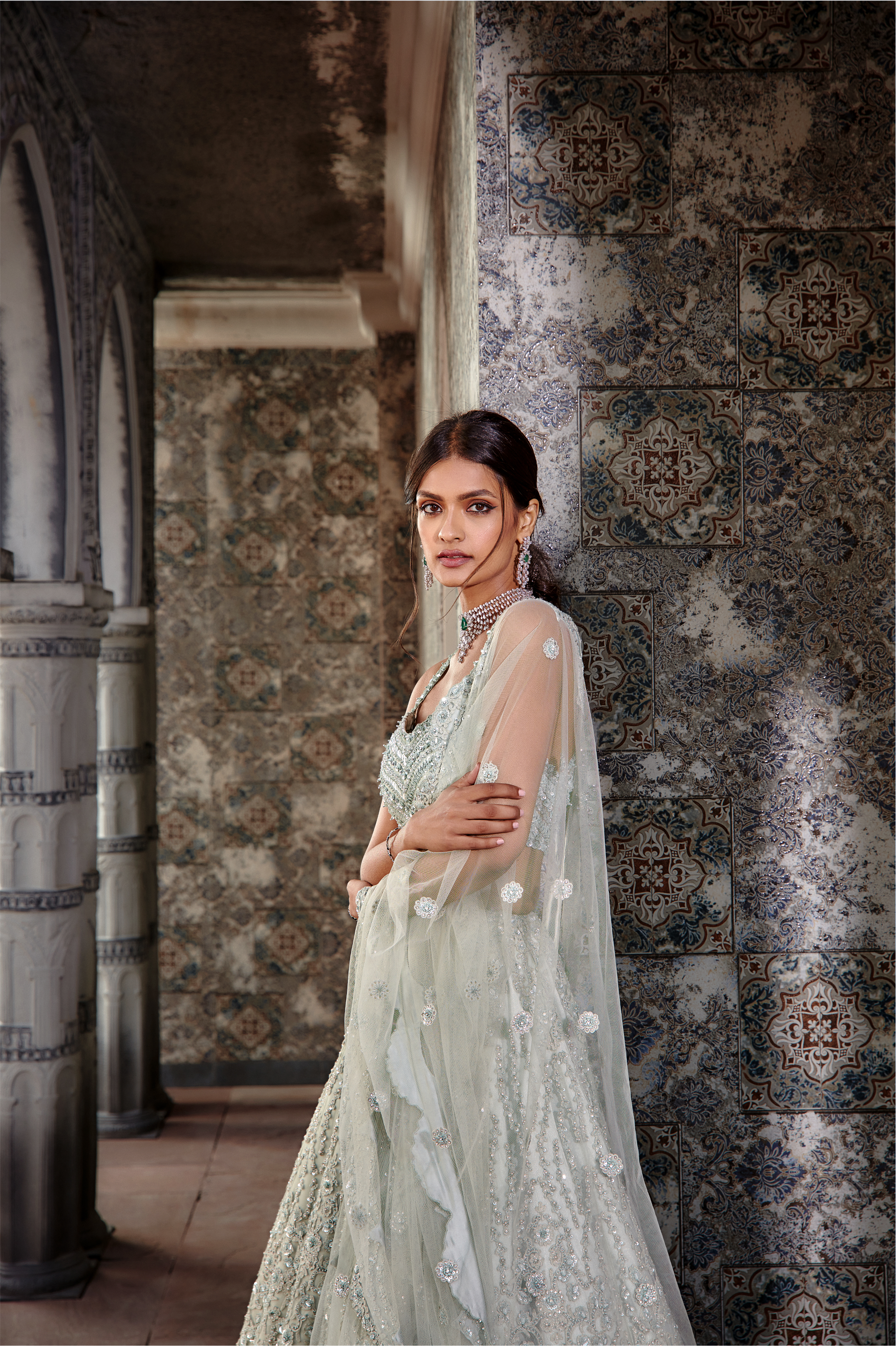 Sage Green Net Ari Lehenga Set with Halter Choli - Bridal Wear