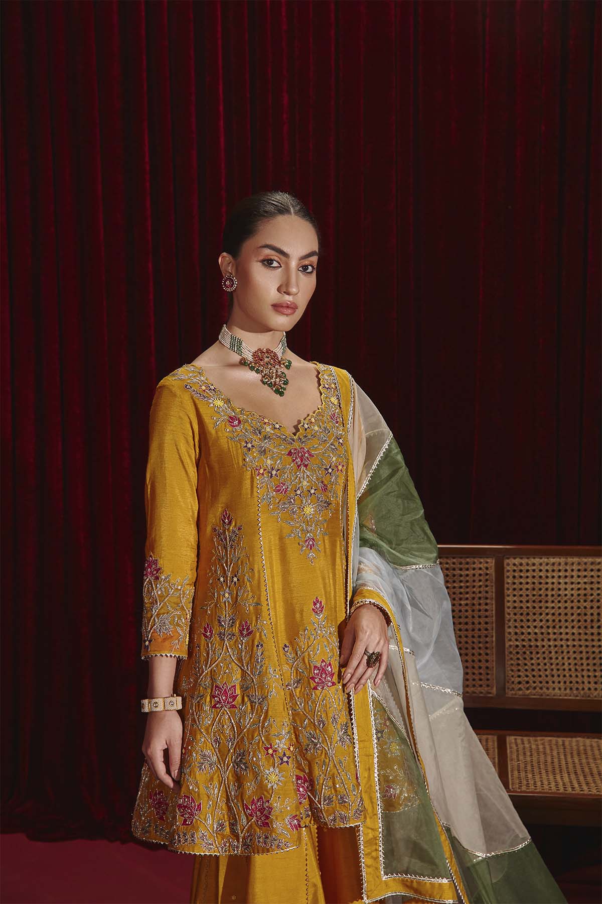 Anahita Mustard Embroidered Dupion Silk Kurta & Garara Set