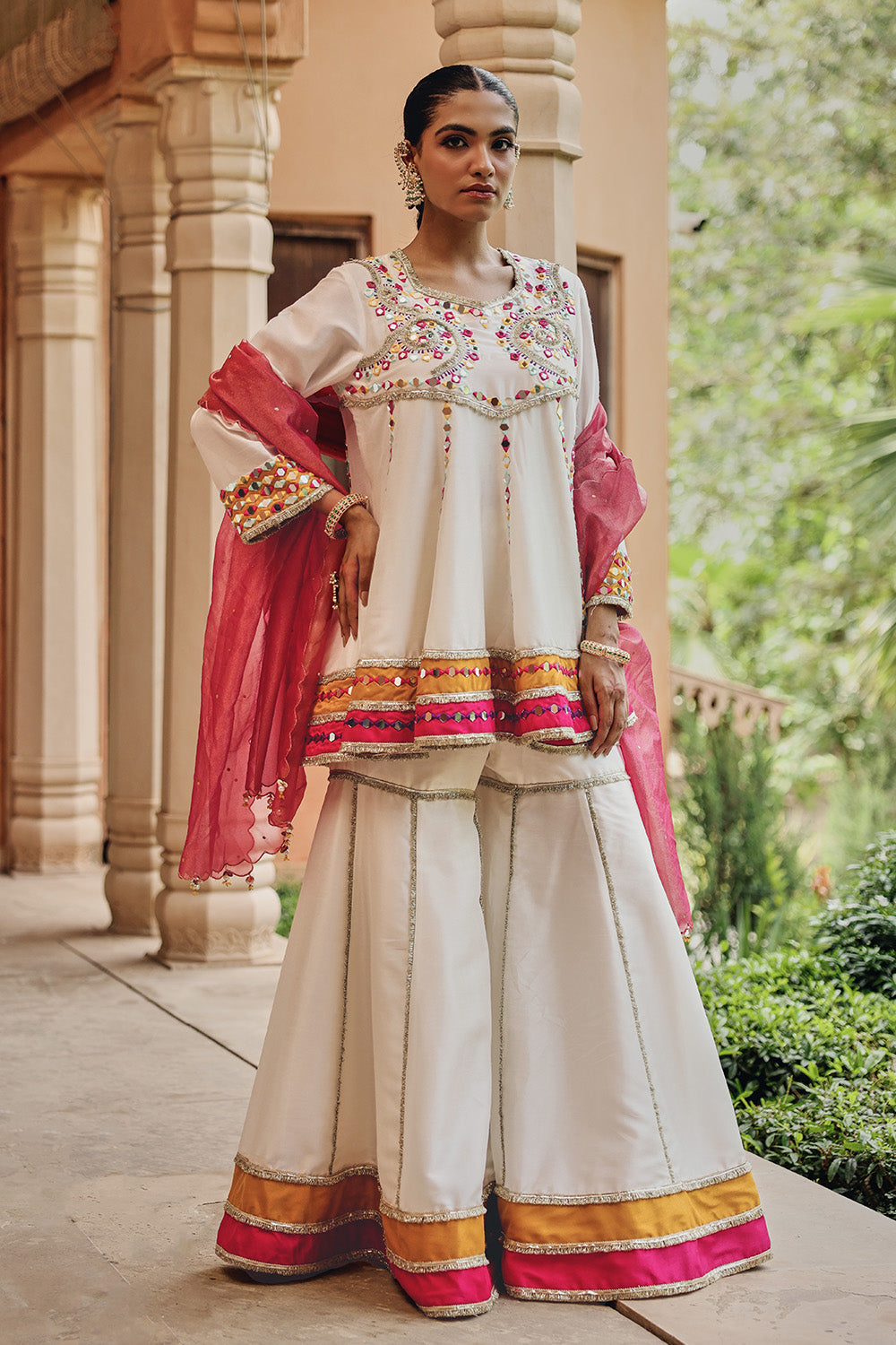 Jugni Ivory Silk Blend Sharara Set with Mirror Work & Sheer Dupatta
