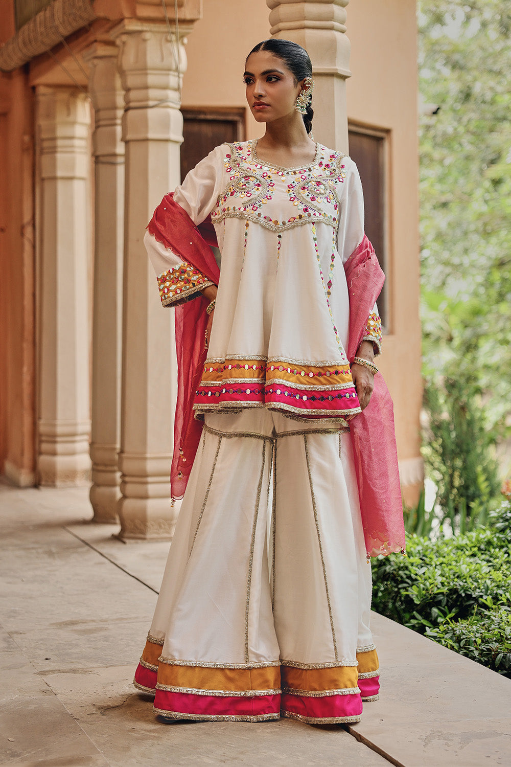 Jugni Ivory Silk Blend Sharara Set with Mirror Work & Sheer Dupatta