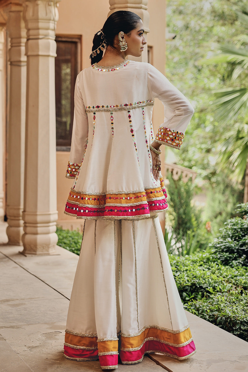 Jugni Ivory Silk Blend Sharara Set with Mirror Work & Sheer Dupatta
