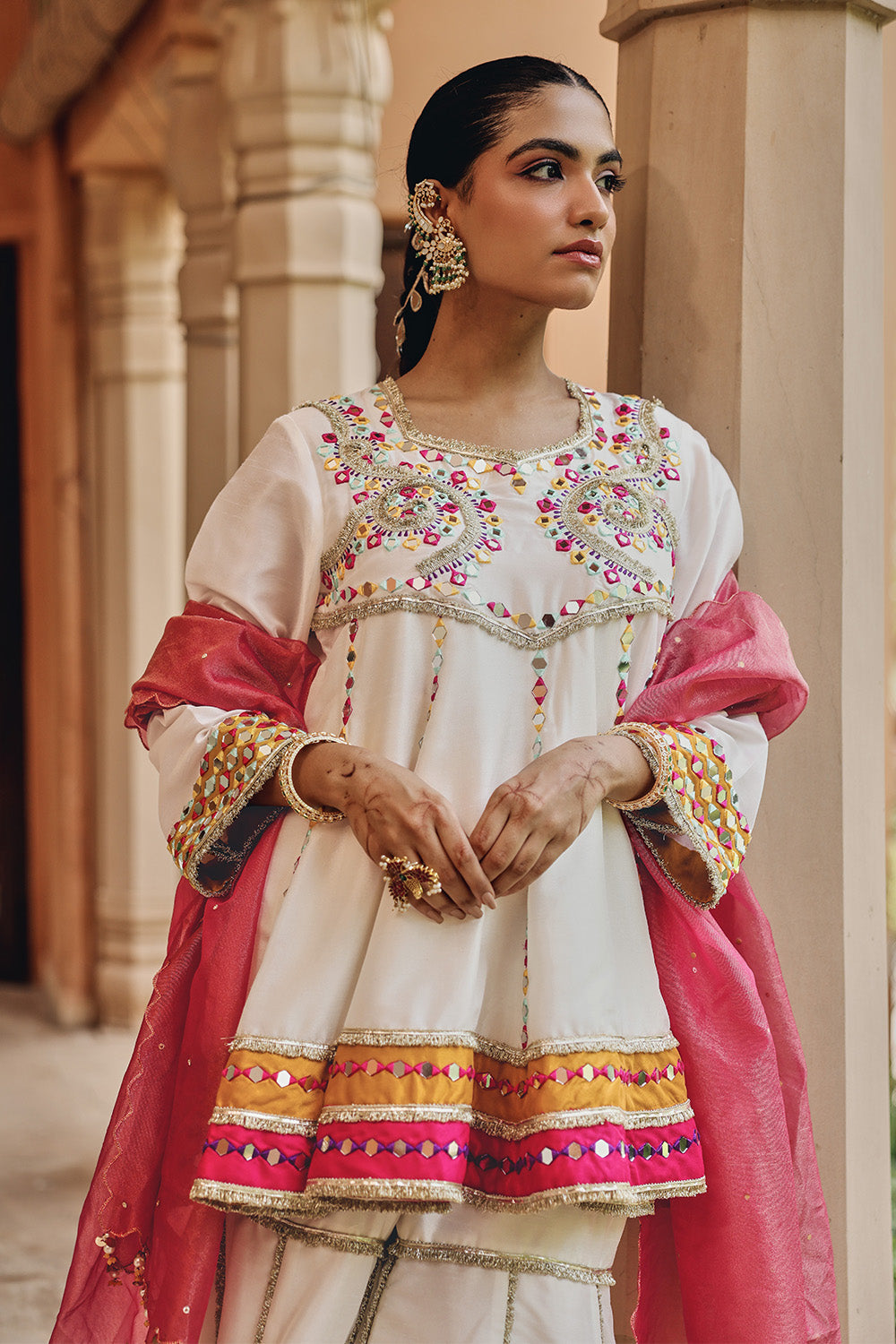 Jugni Ivory Silk Blend Sharara Set with Mirror Work & Sheer Dupatta