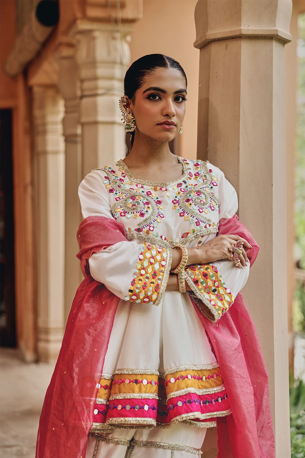 Jugni Ivory Silk Blend Sharara Set with Mirror Work & Sheer Dupatta