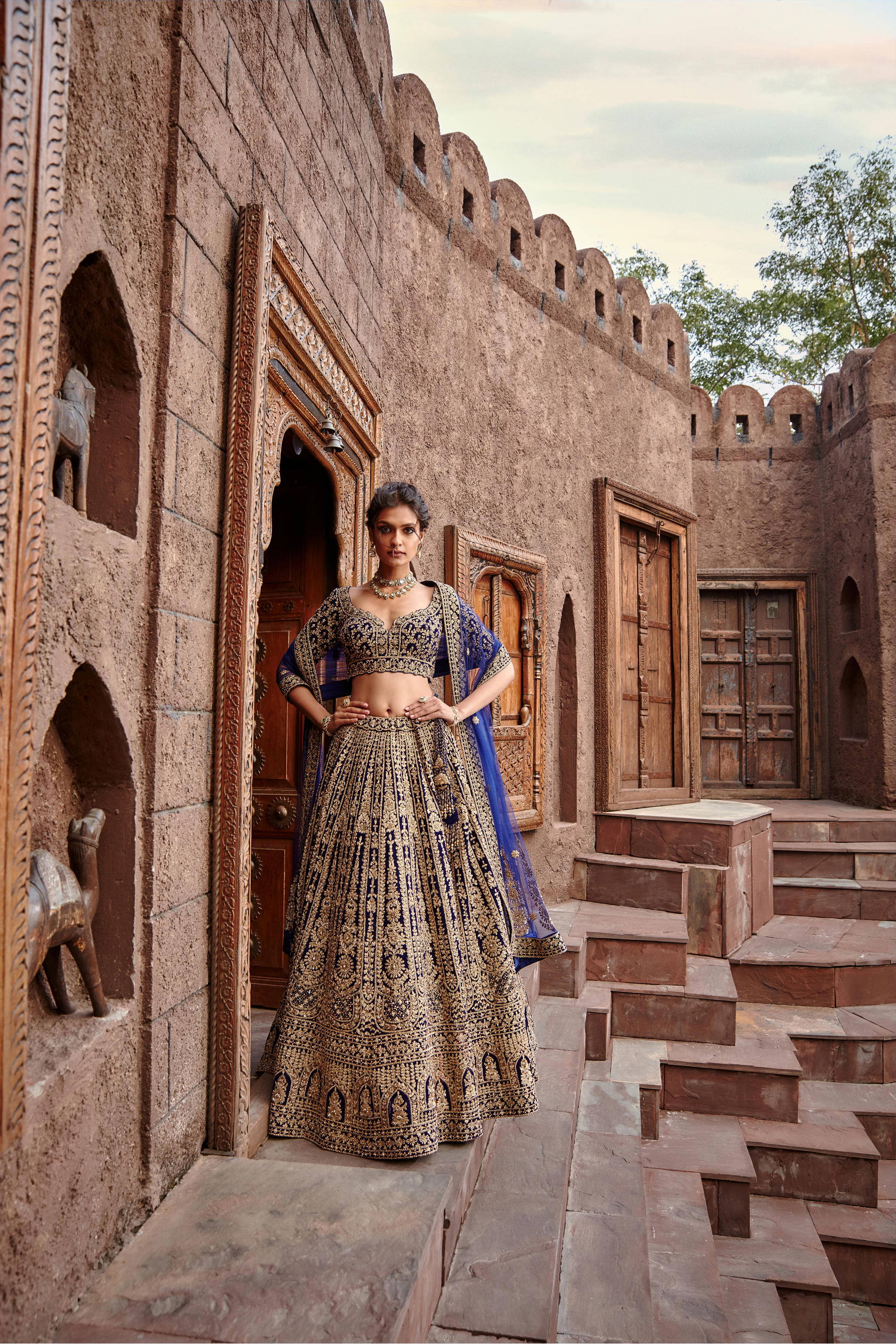 Navy Blue Velvet Lehenga Set with Antique Dori Work for Weddings