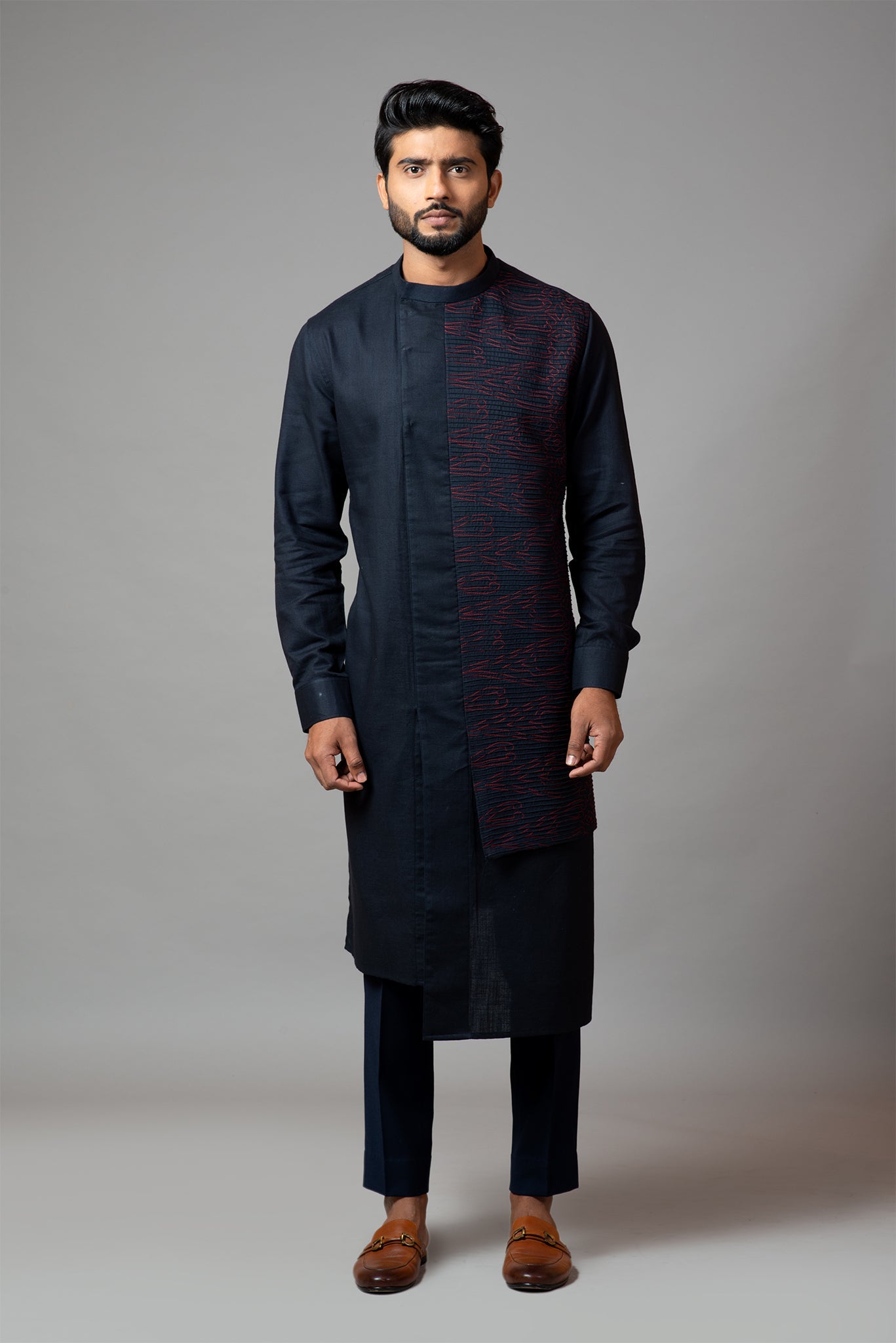 Assymetric Pintucks Kurta With Embroidery And Pant Pajama Set