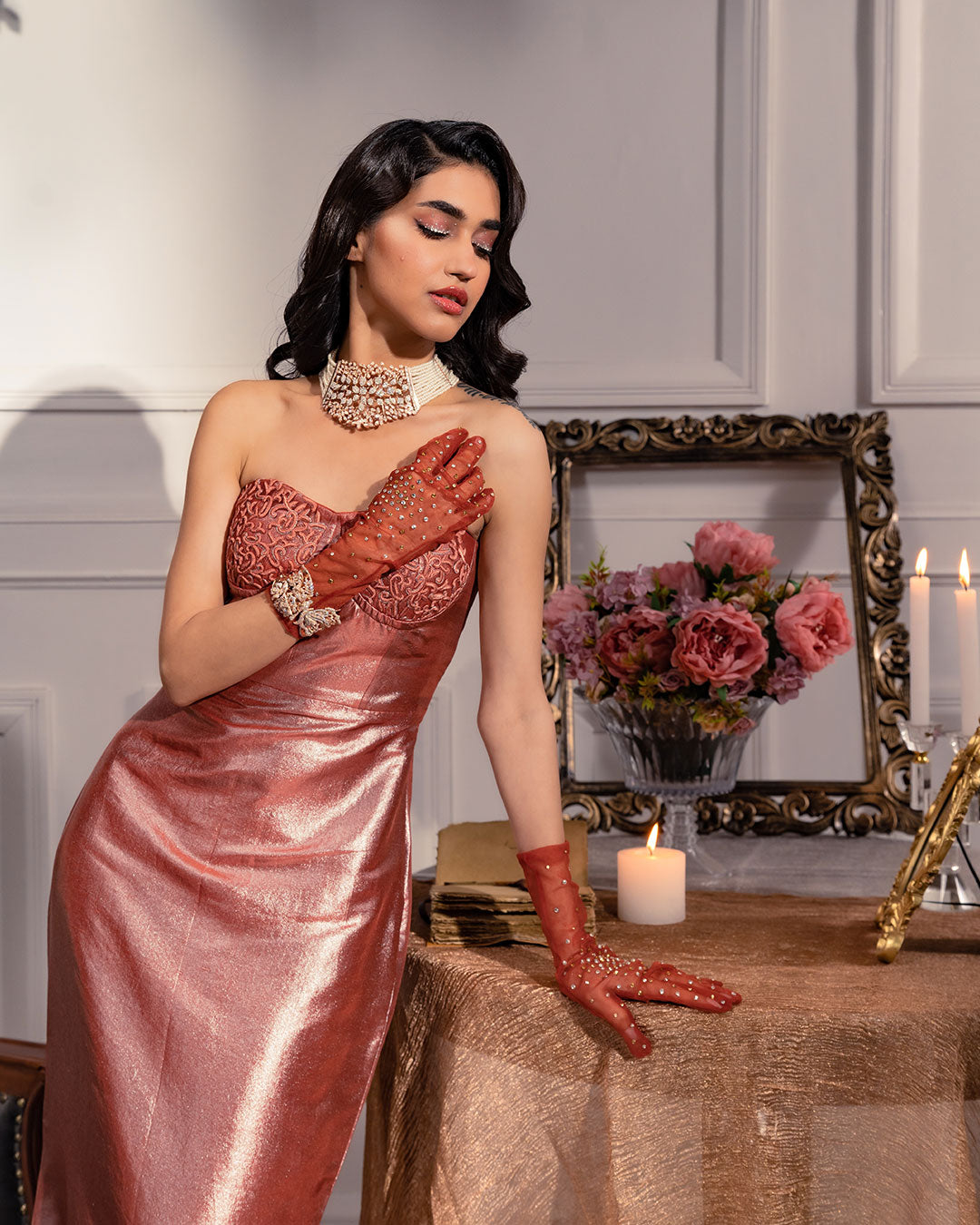 Le Portrait Royal Shimmer Dupion Silk Bustier Cinch Dress