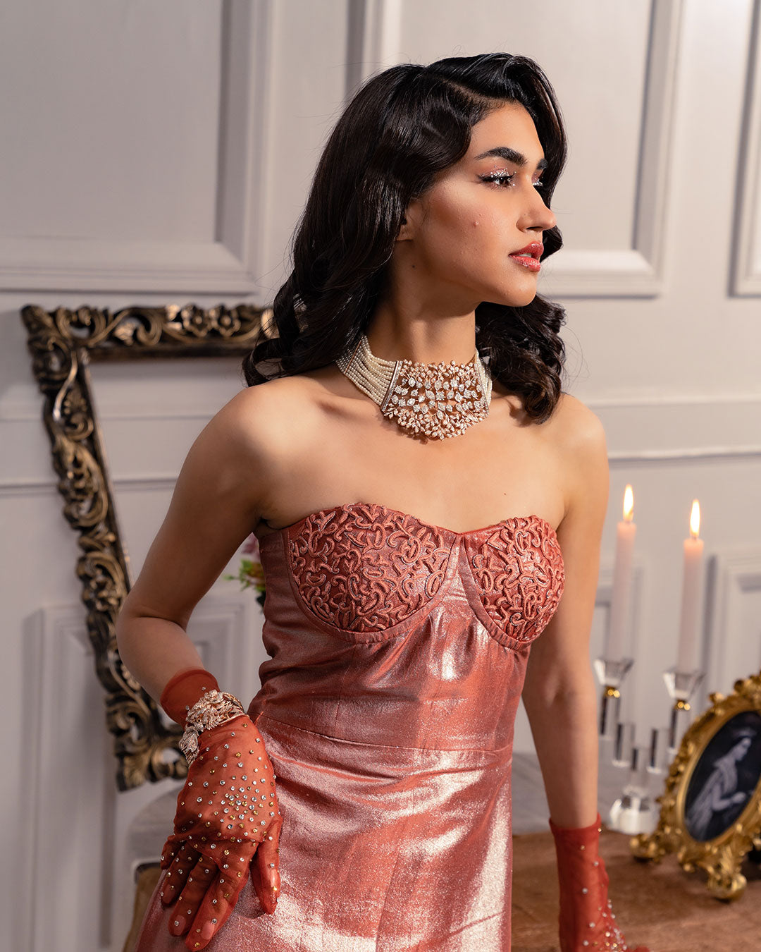 Le Portrait Royal Shimmer Dupion Silk Bustier Cinch Dress