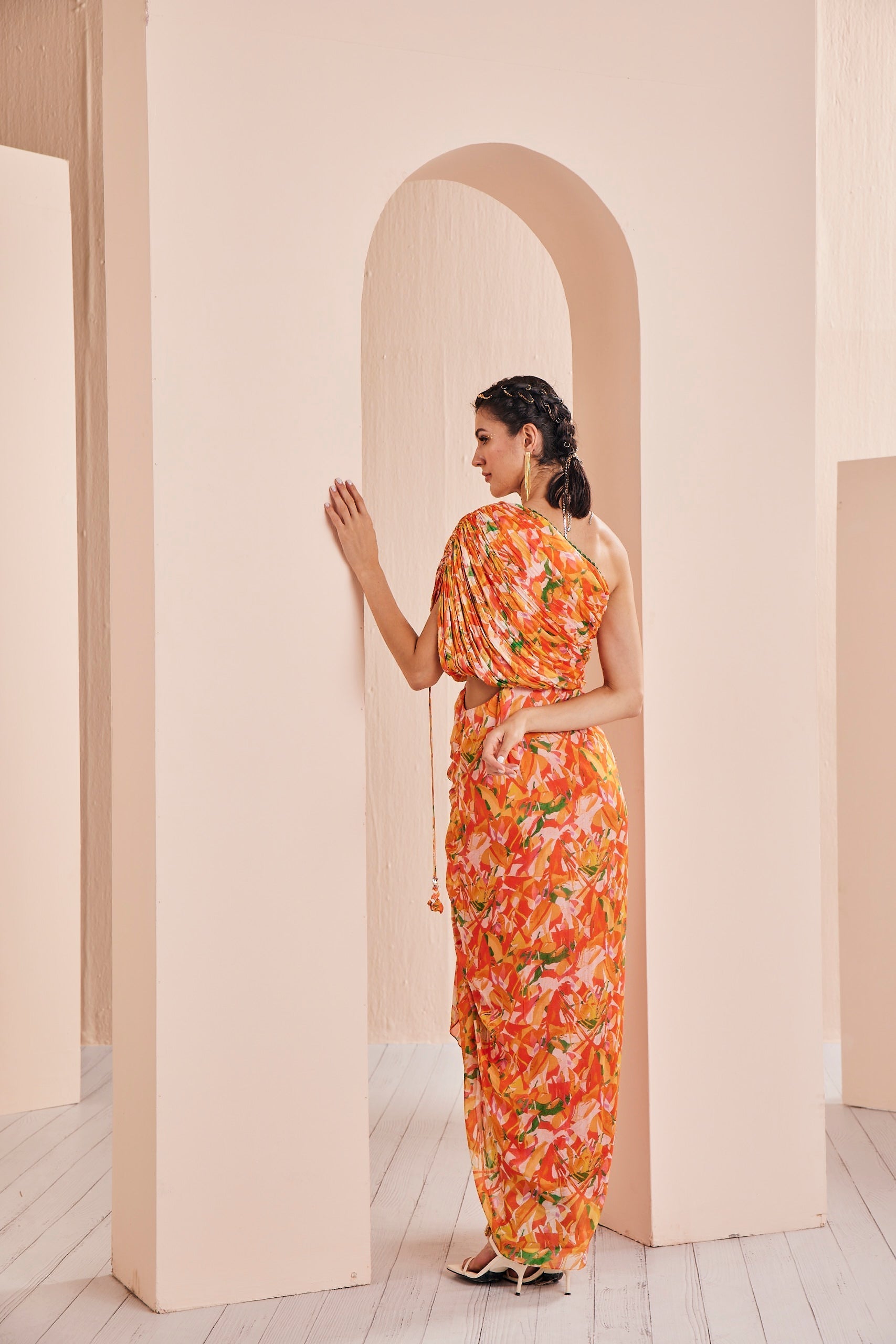 Orange Printed Mesh Printed Ruched Dress