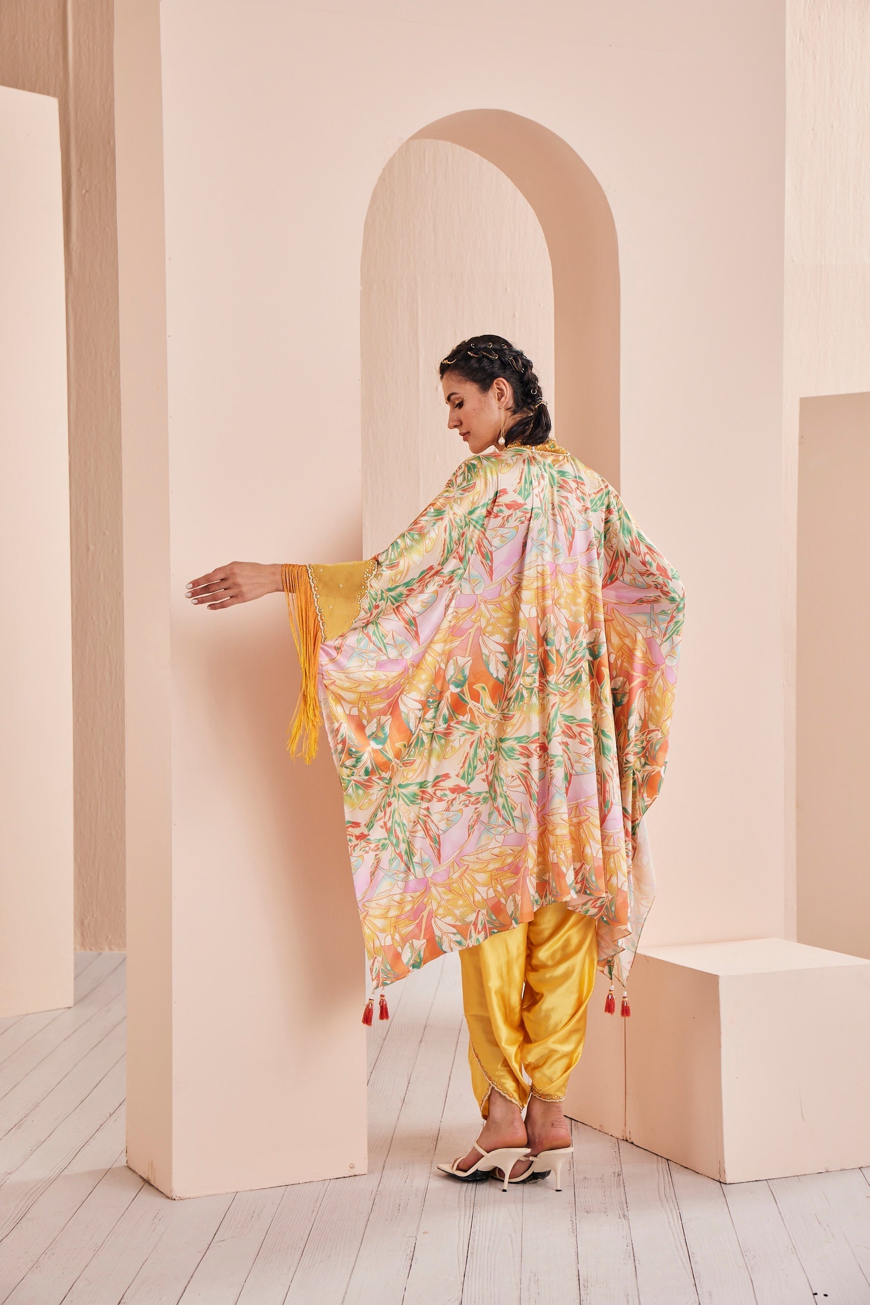 Yellow Leafy Printed Kaftan Kurta Set