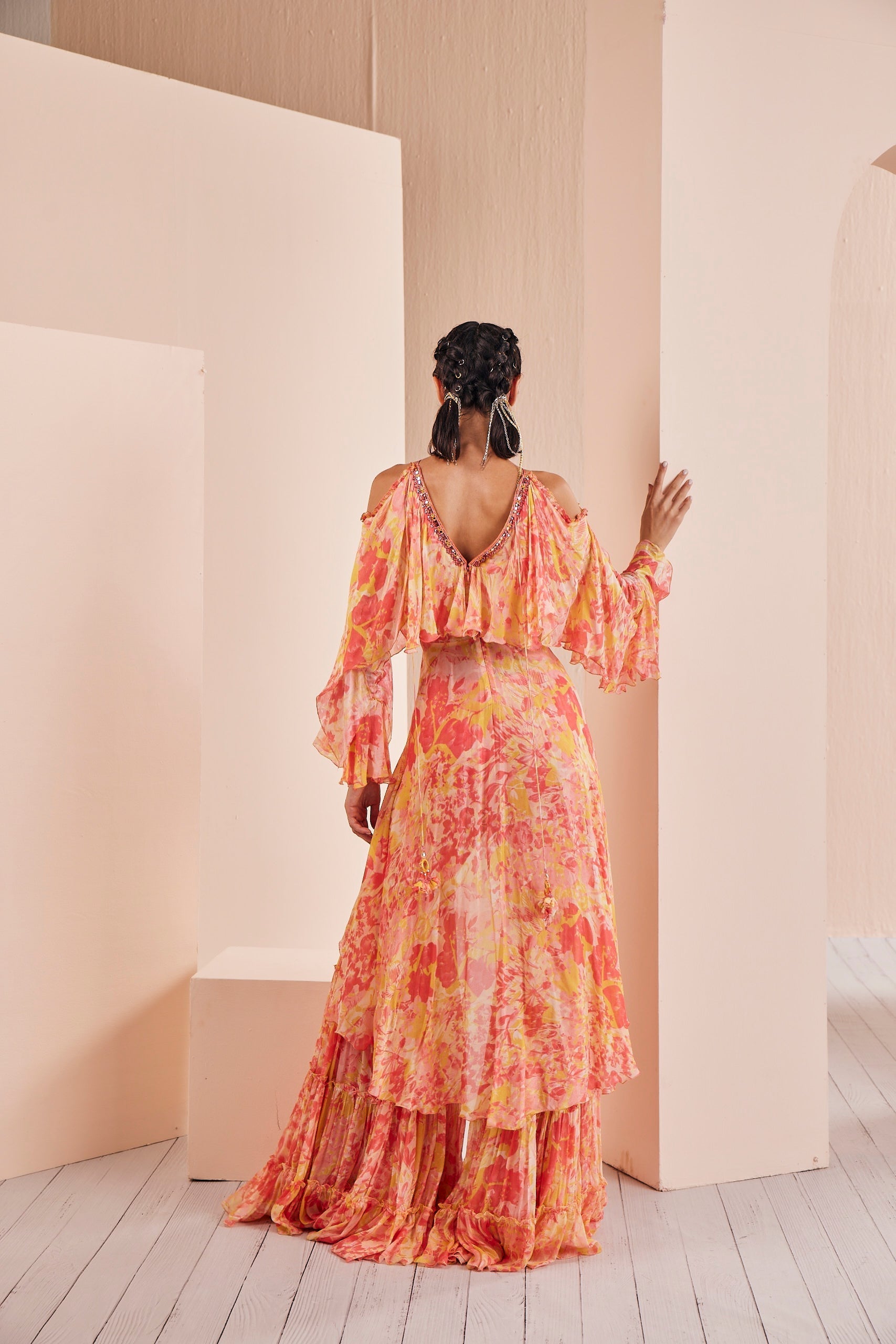 Red Pansy Daisy Chiffon Butterfly Kurta Set