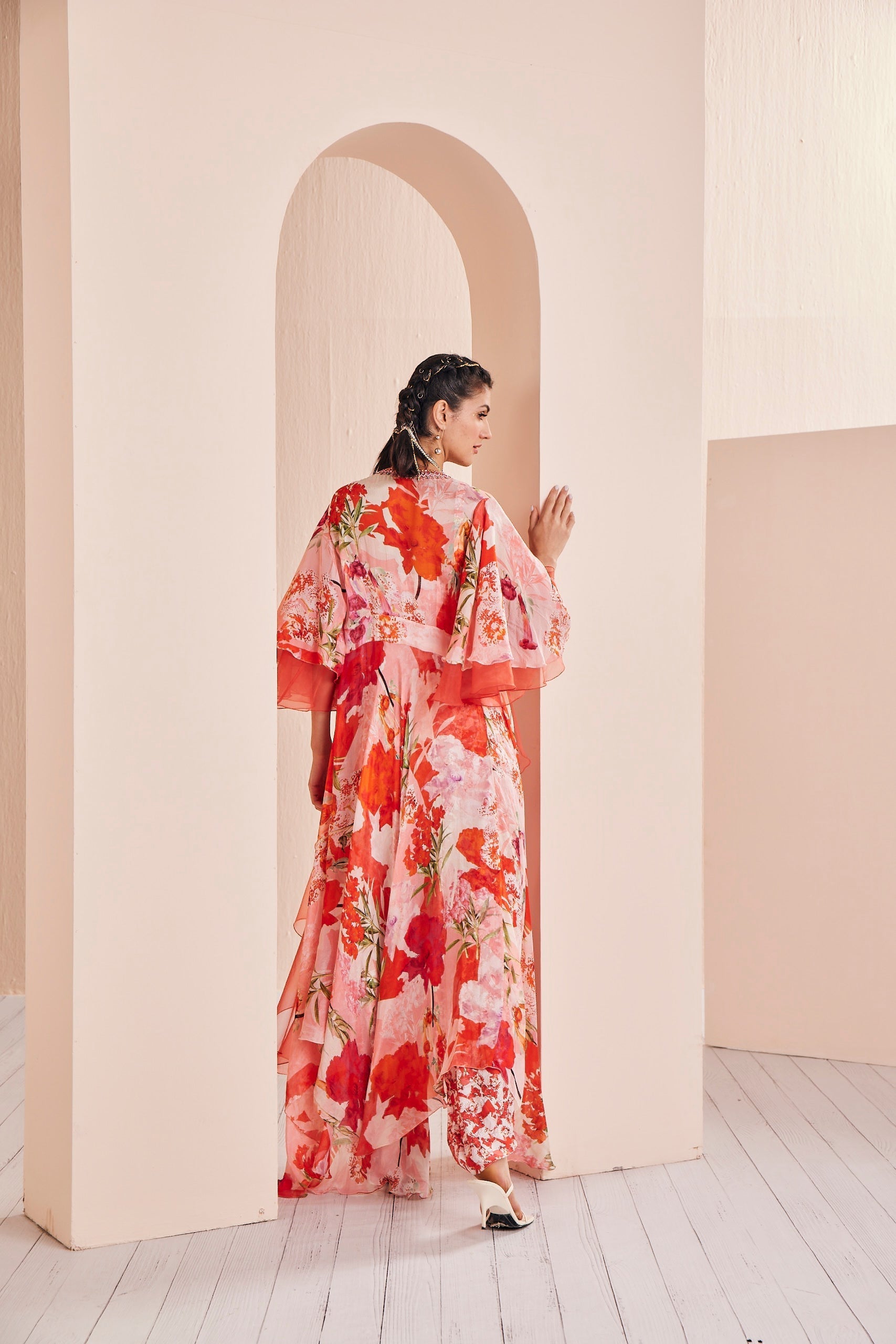 Red Printed Satin Jumpsuit Set