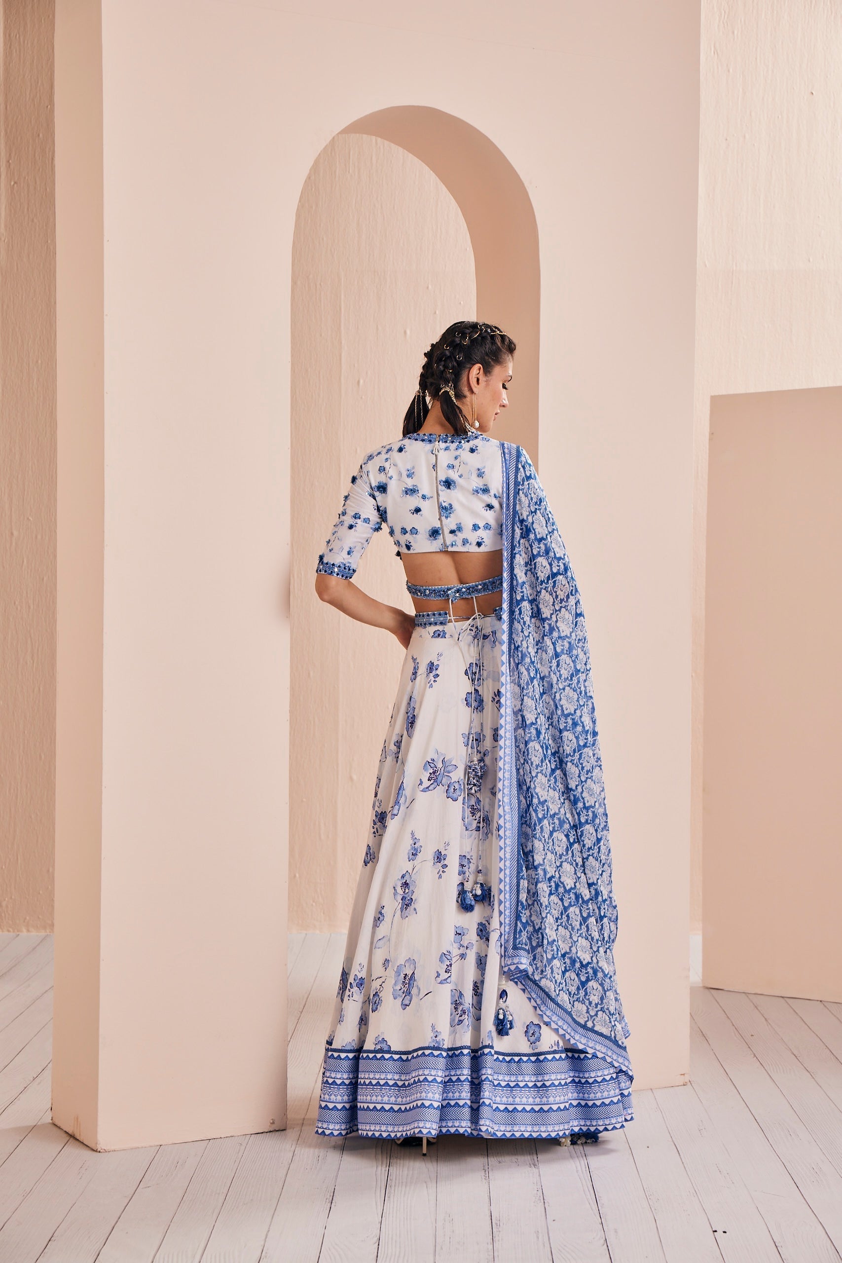Blue Chanderi Printed Lehenga Set