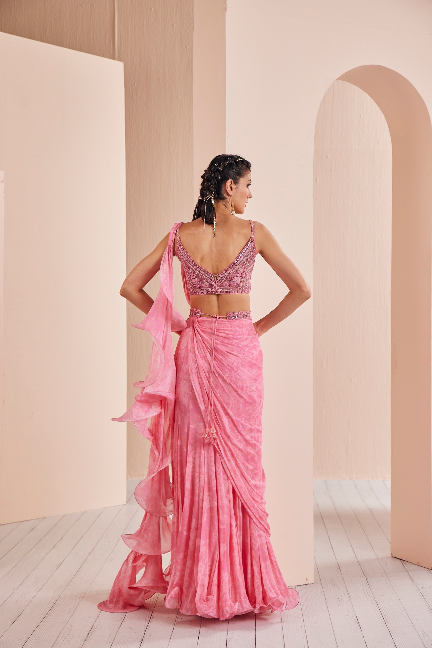 Peach Pink Chiffon Printed Draped Saree Set