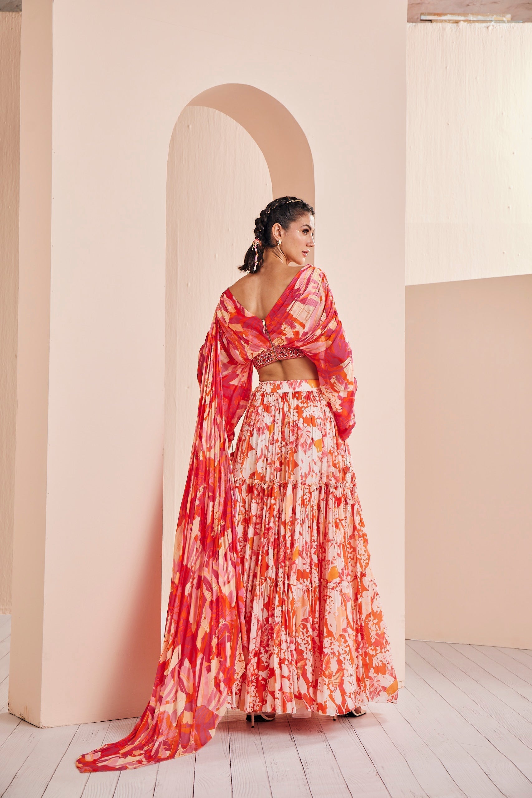 Printed Chiffon Tiered Lehenga Set