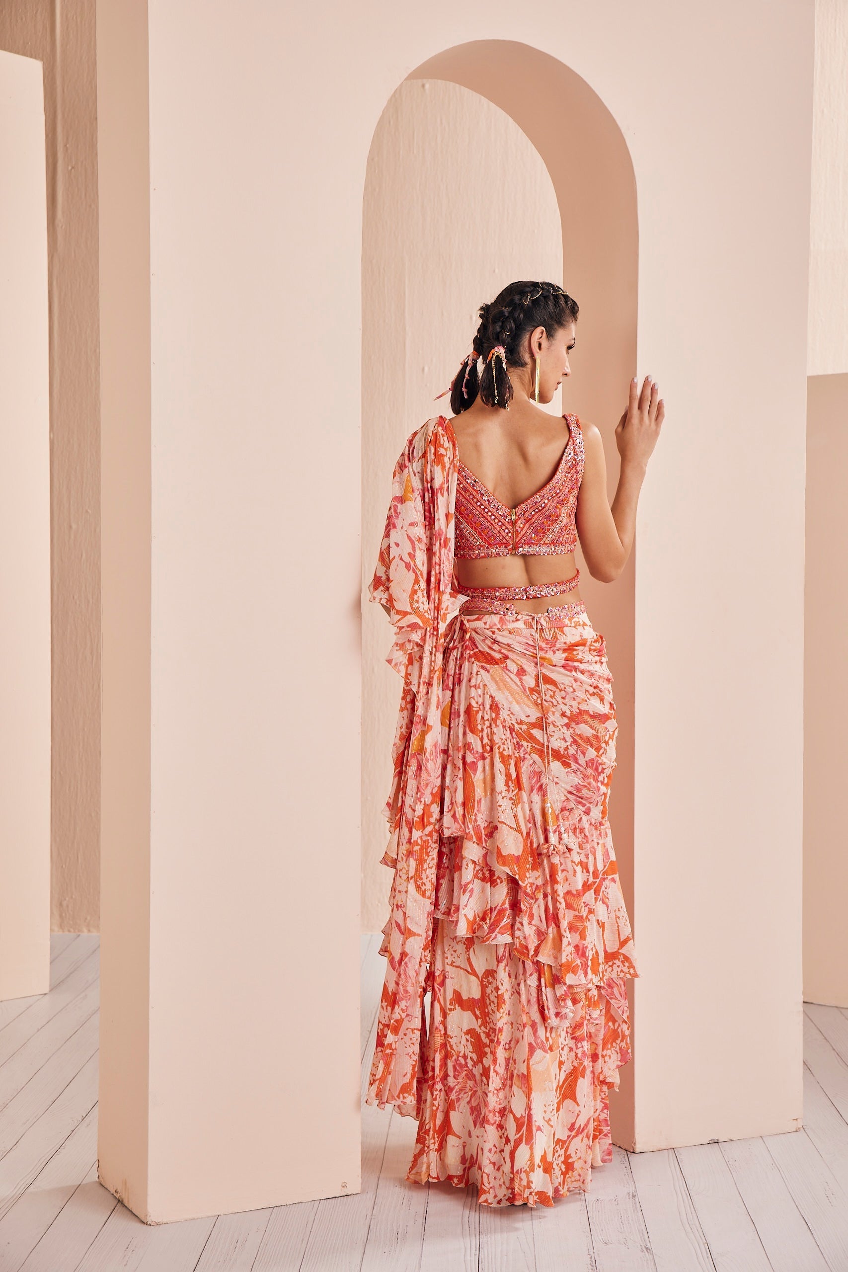 Printed Georgette Lurex Draped Saree Set