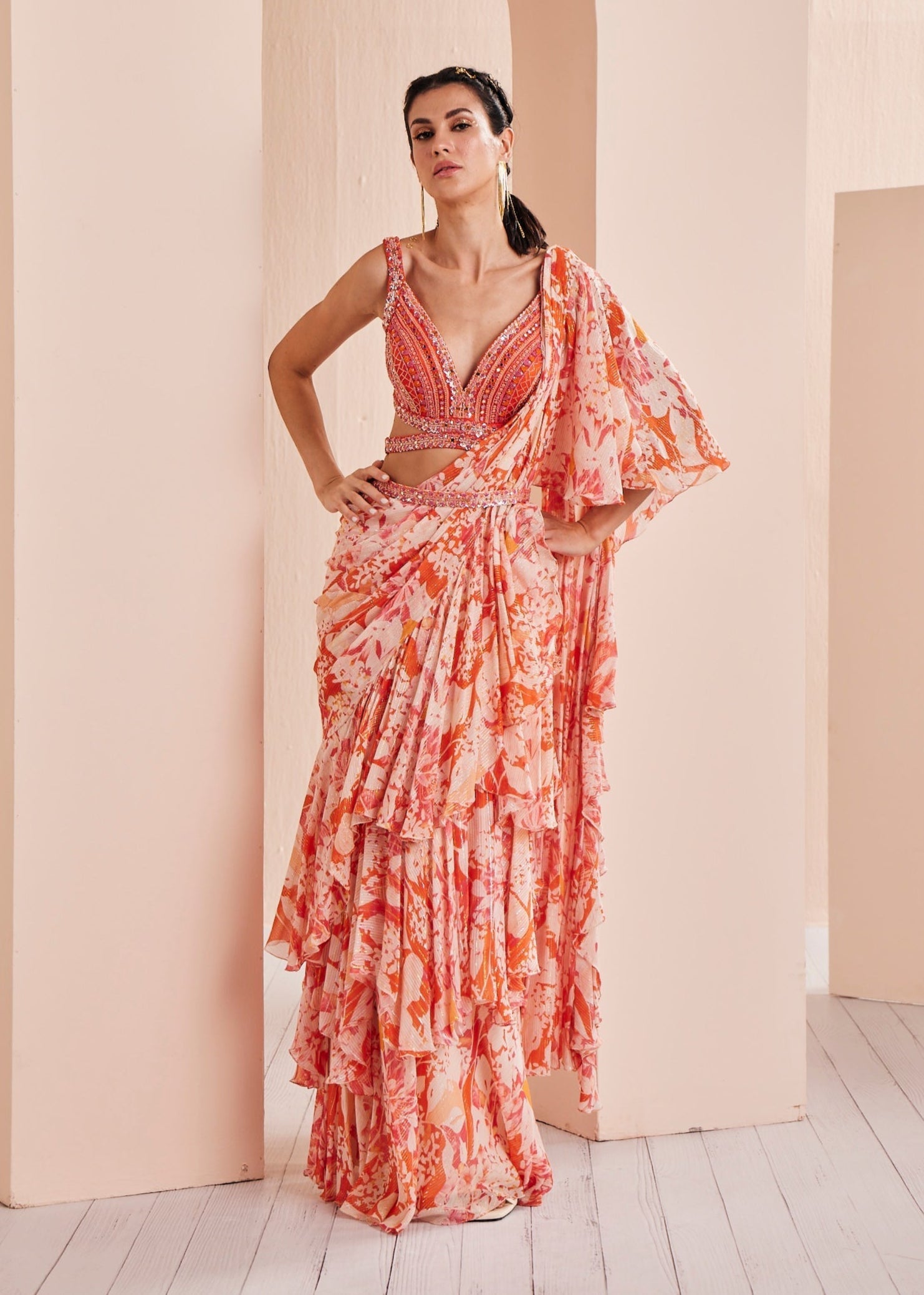 Printed Georgette Lurex Draped Saree Set