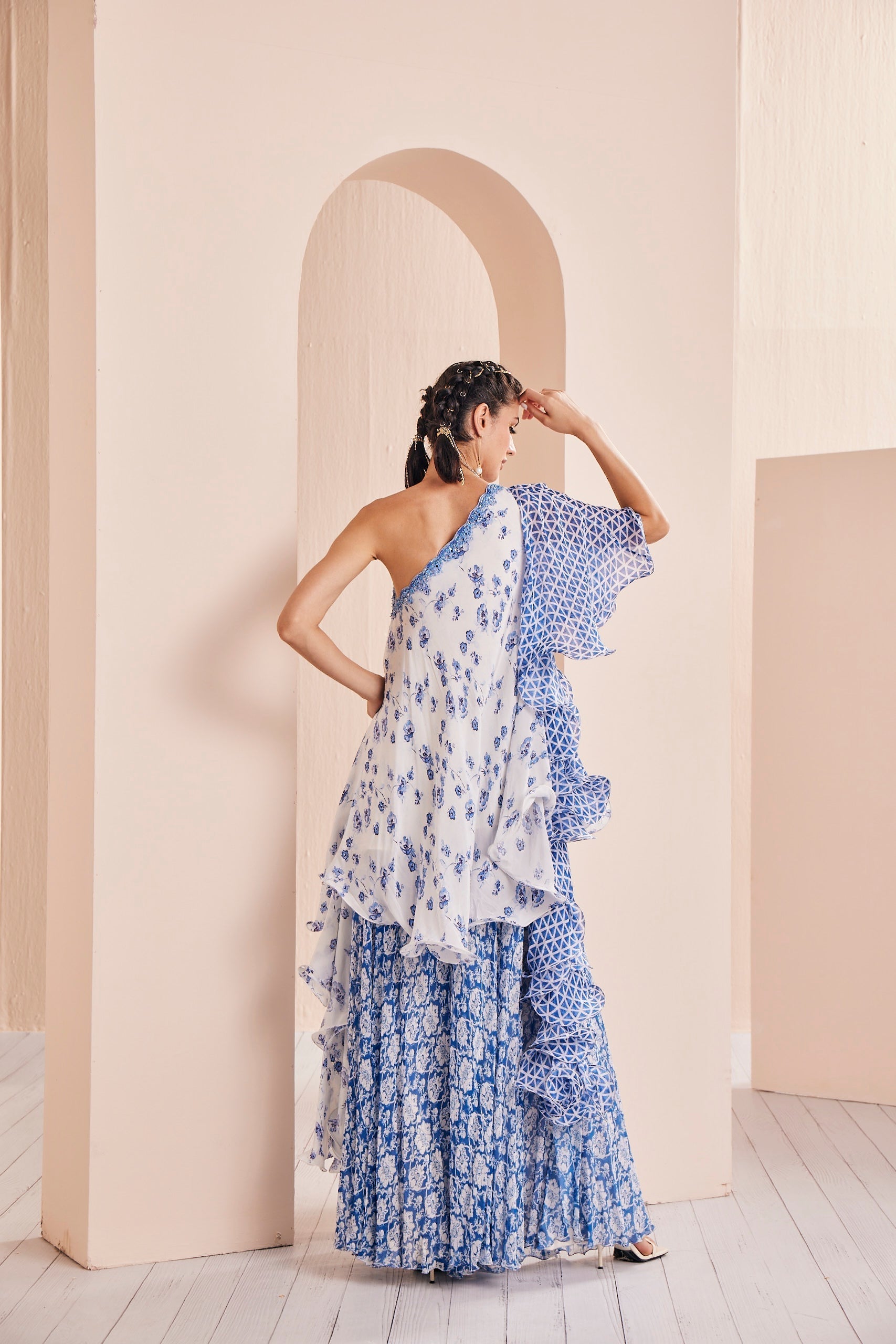 Blue Printed One Shoulder Sharara Set