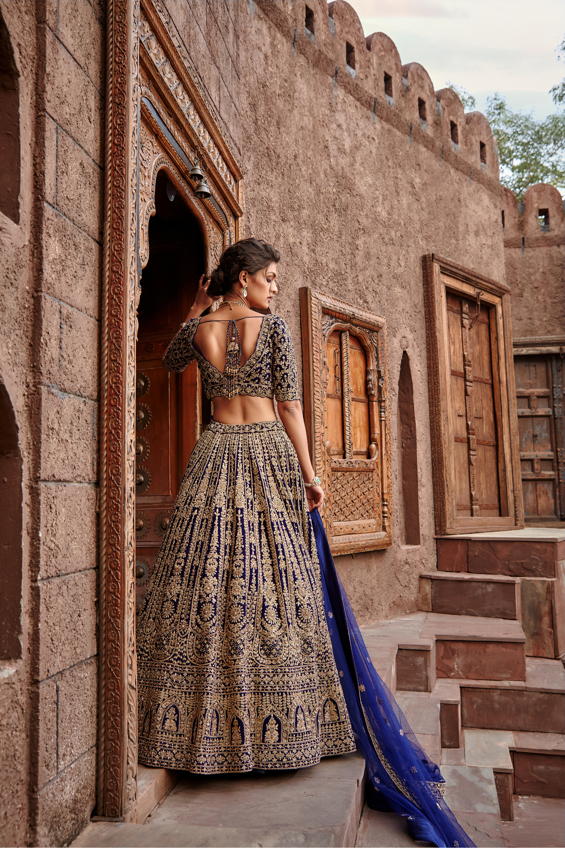 Navy Blue Velvet Lehenga Set with Antique Dori Work for Weddings