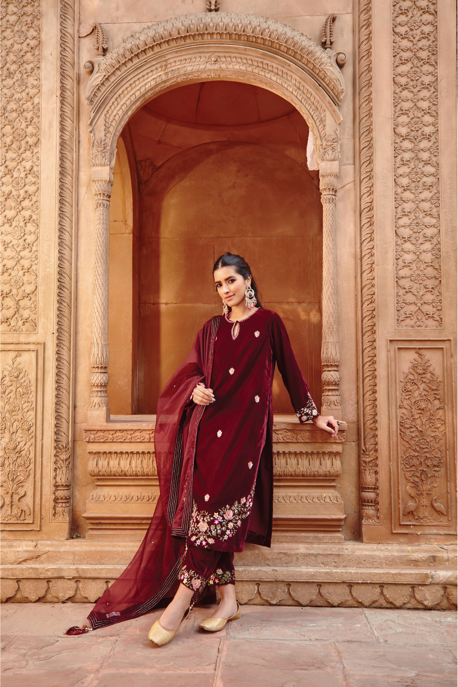 Malika Wine Cotton Silk Embroidered Kurta Set with Organza Dupatta