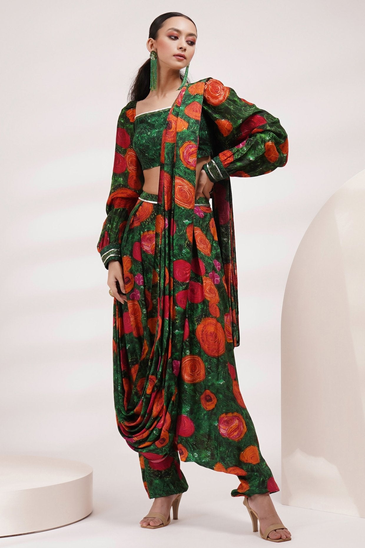 Square Neck Cuffed Sleeve Blouse Dhoti Saree