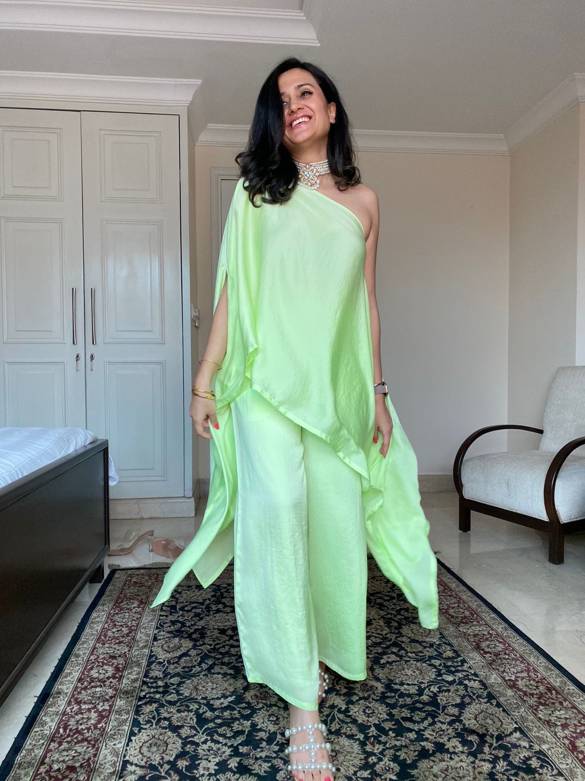 Mitaliwadhwa Off Shoulder Set- Neon Lime