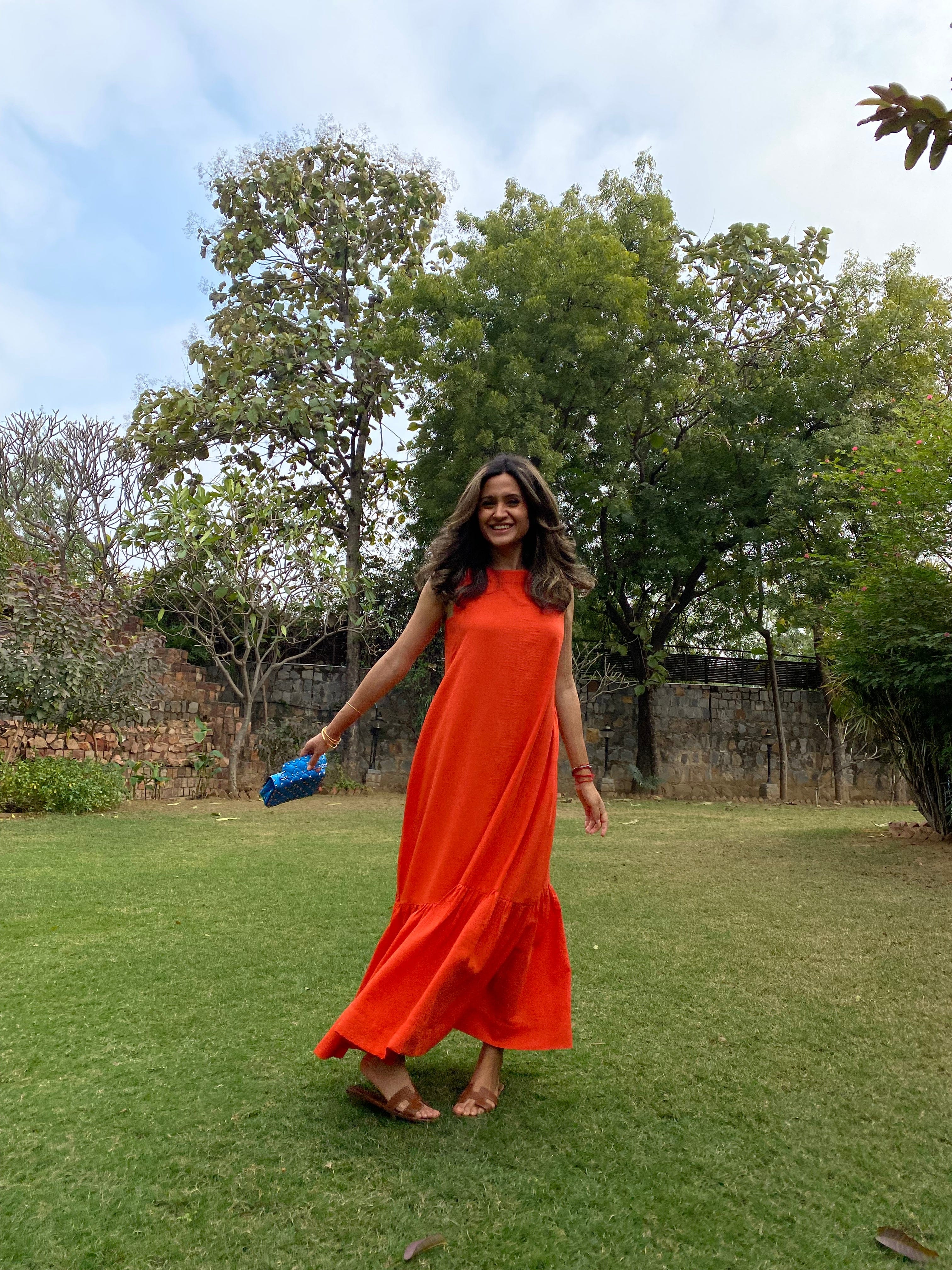 Mitaliwadhwa Orange Linen Frill Dress