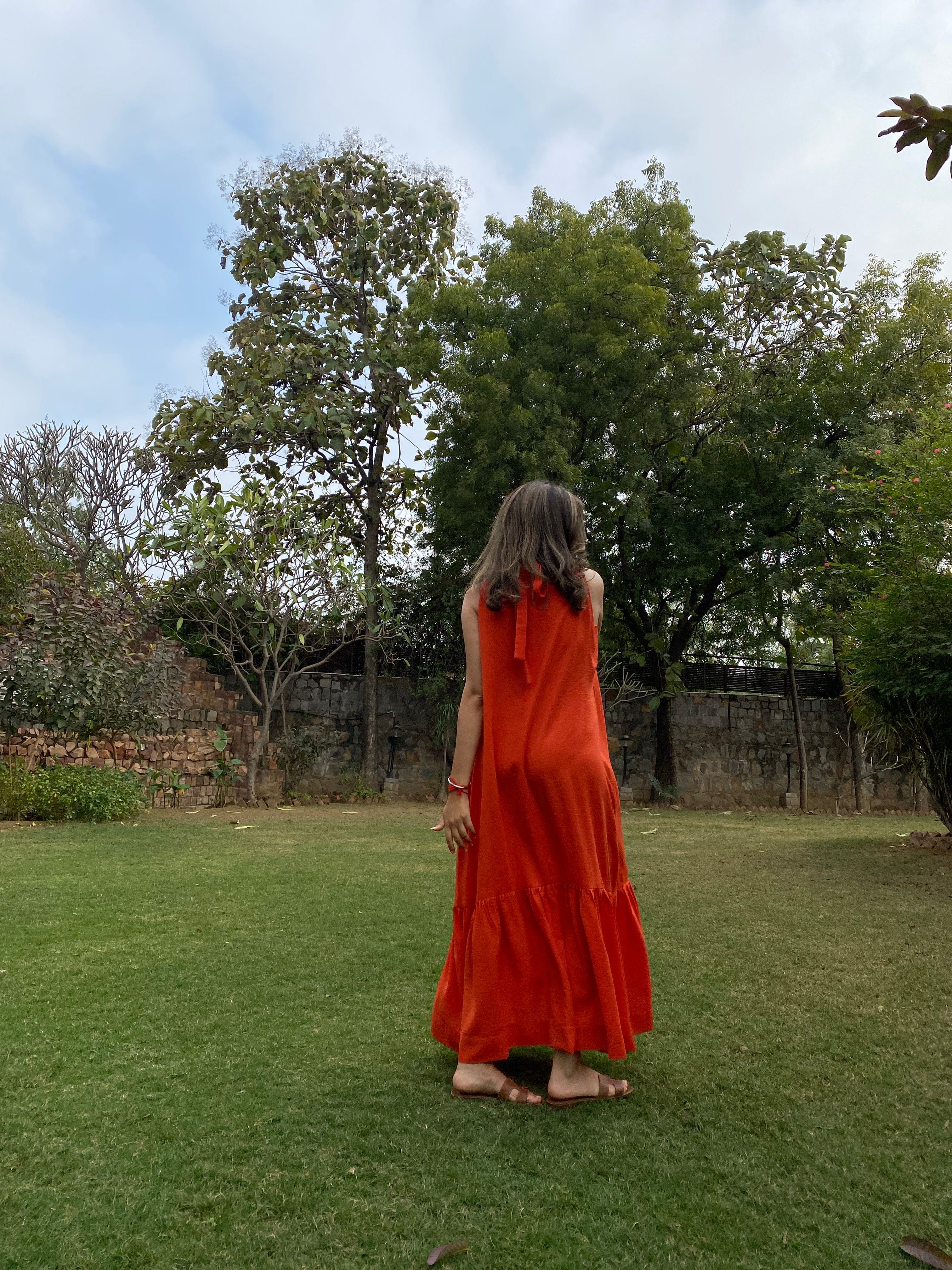 Mitaliwadhwa Orange Linen Frill Dress