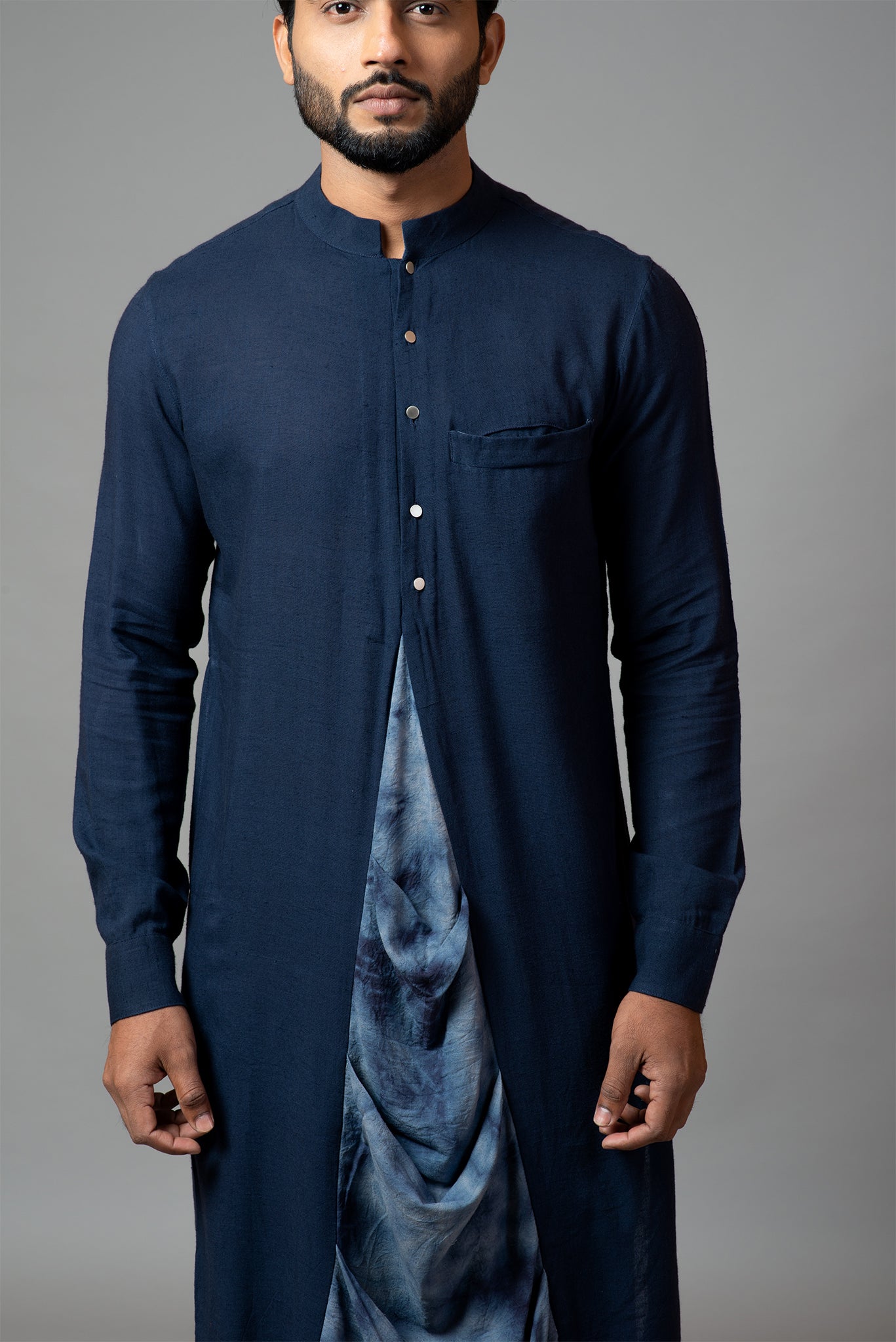 Front Slit Kurta With a Attached Tie Dye Drape Panel And Pant Pajama Set