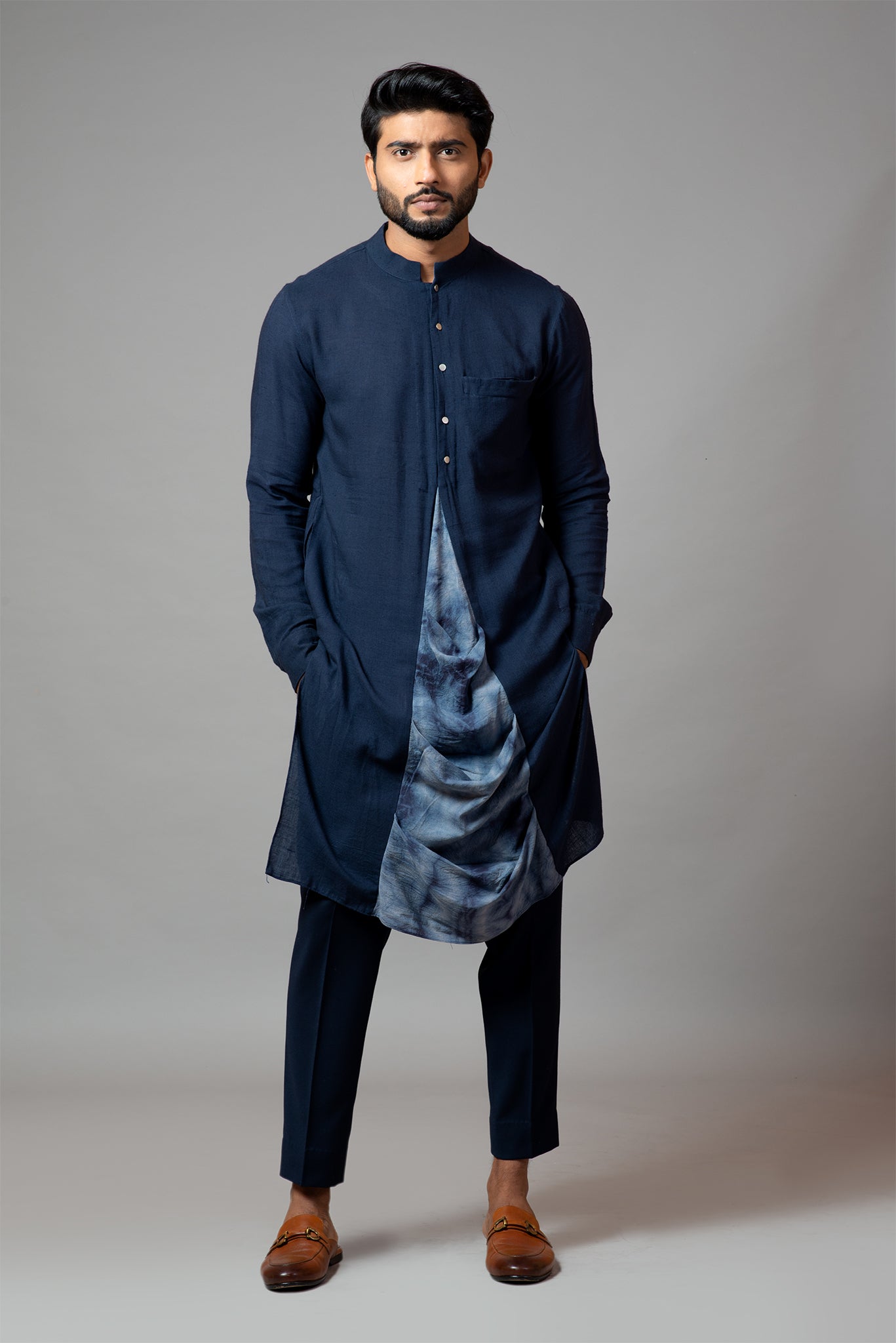 Front Slit Kurta With a Attached Tie Dye Drape Panel And Pant Pajama Set