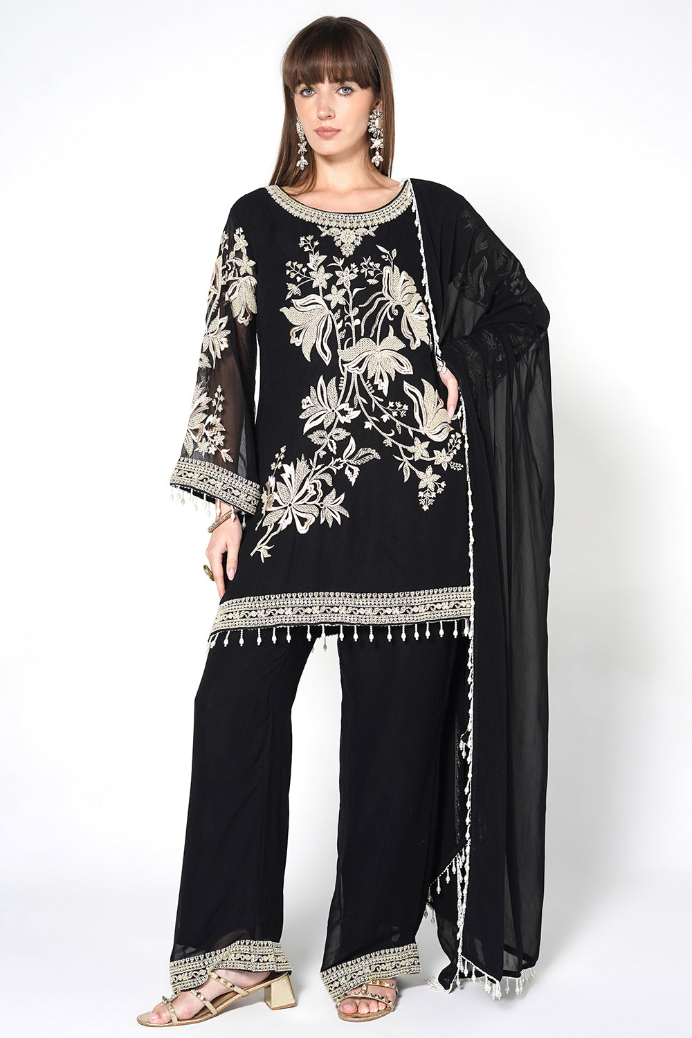 Mouse Grey Georgette Kurta Set with White Embroidery