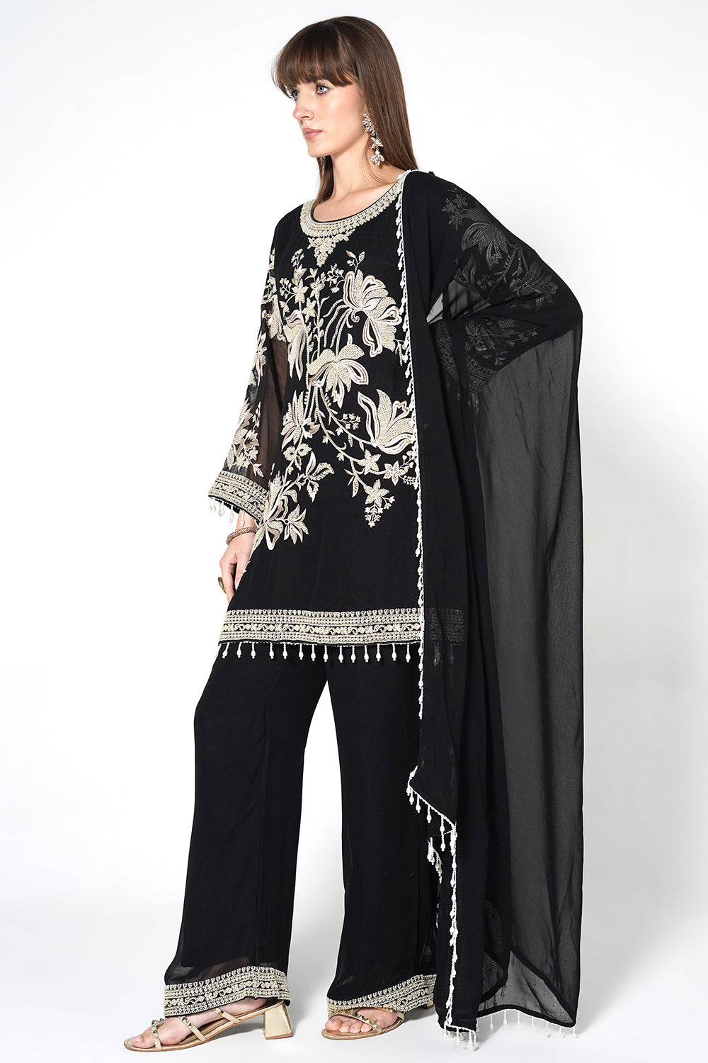 Mouse Grey Georgette Kurta Set with White Embroidery