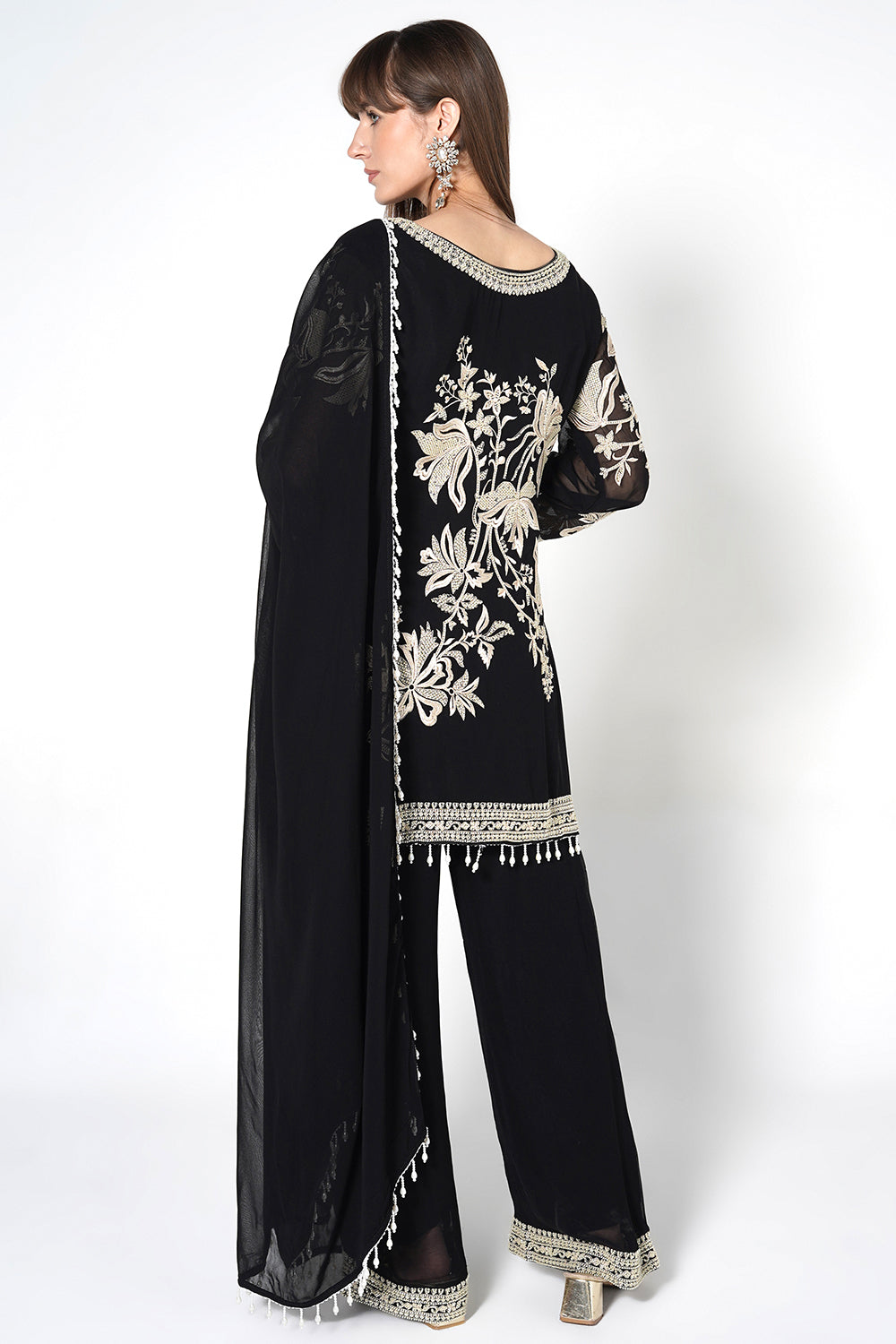 Mouse Grey Georgette Kurta Set with White Embroidery