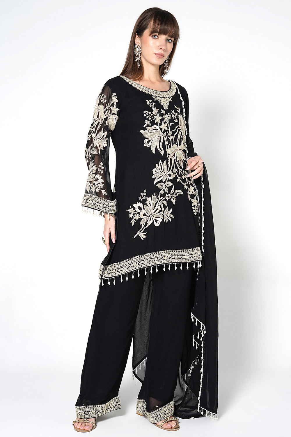 Mouse Grey Georgette Kurta Set with White Embroidery