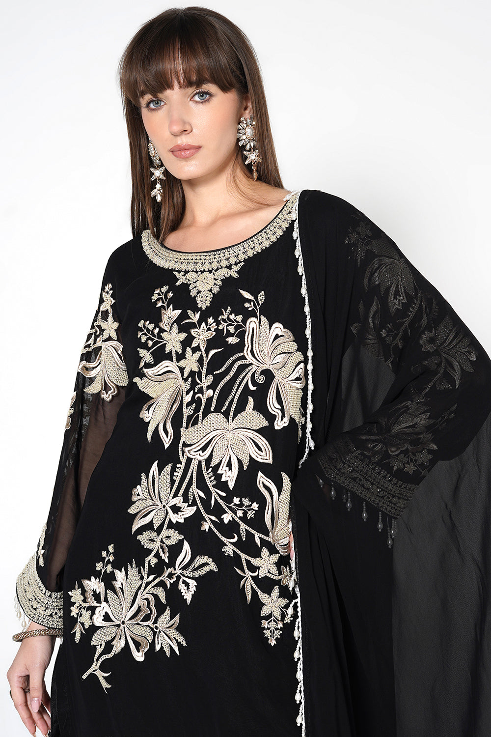 Mouse Grey Georgette Kurta Set with White Embroidery