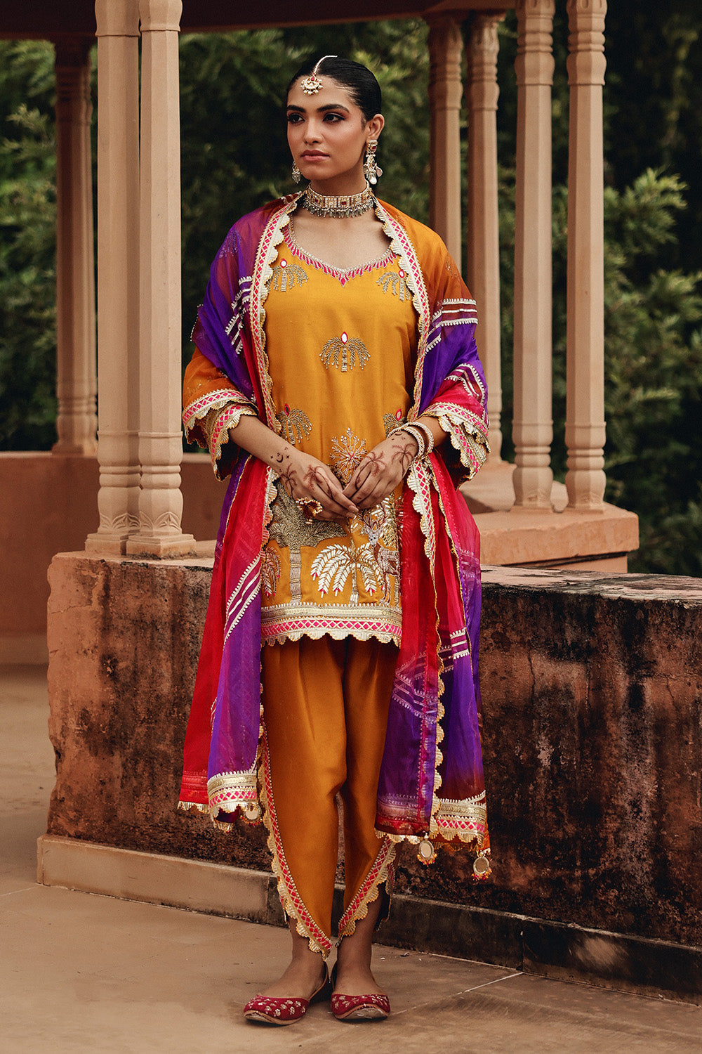 Mustard Mehfil Silk Blend Dhoti Set with Structured Organza Dupatta