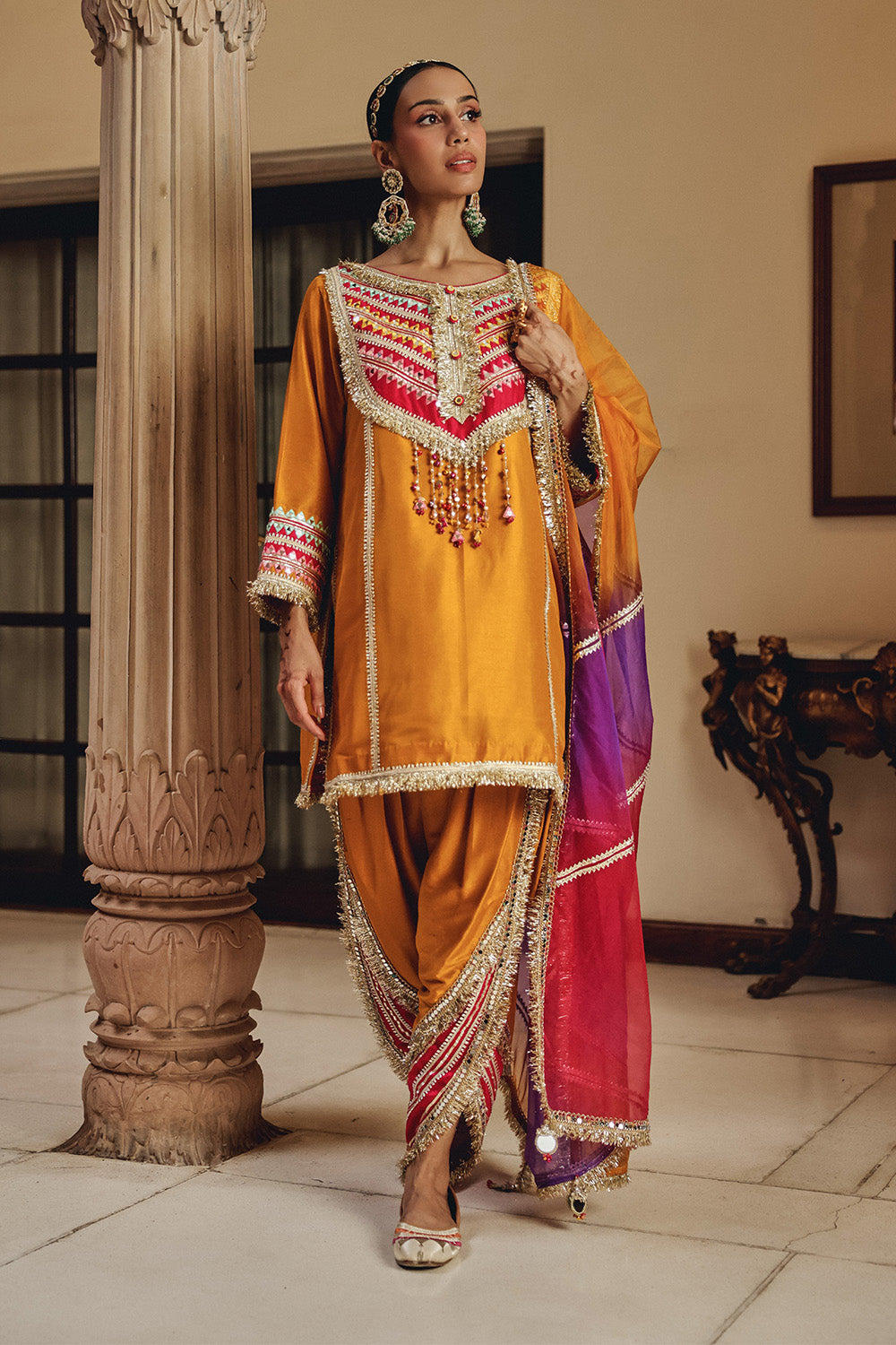 Mustard Yellow Silk Blend Kurti with Patiala Salwar and Ombre Dupatta