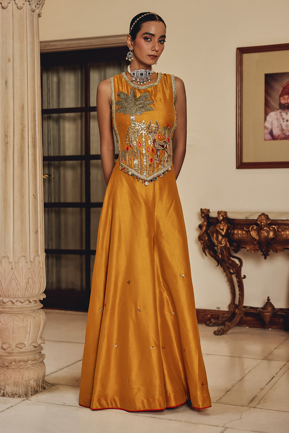 Mustard Yellow Silk Blend Sharara Set with Forest Embroidery