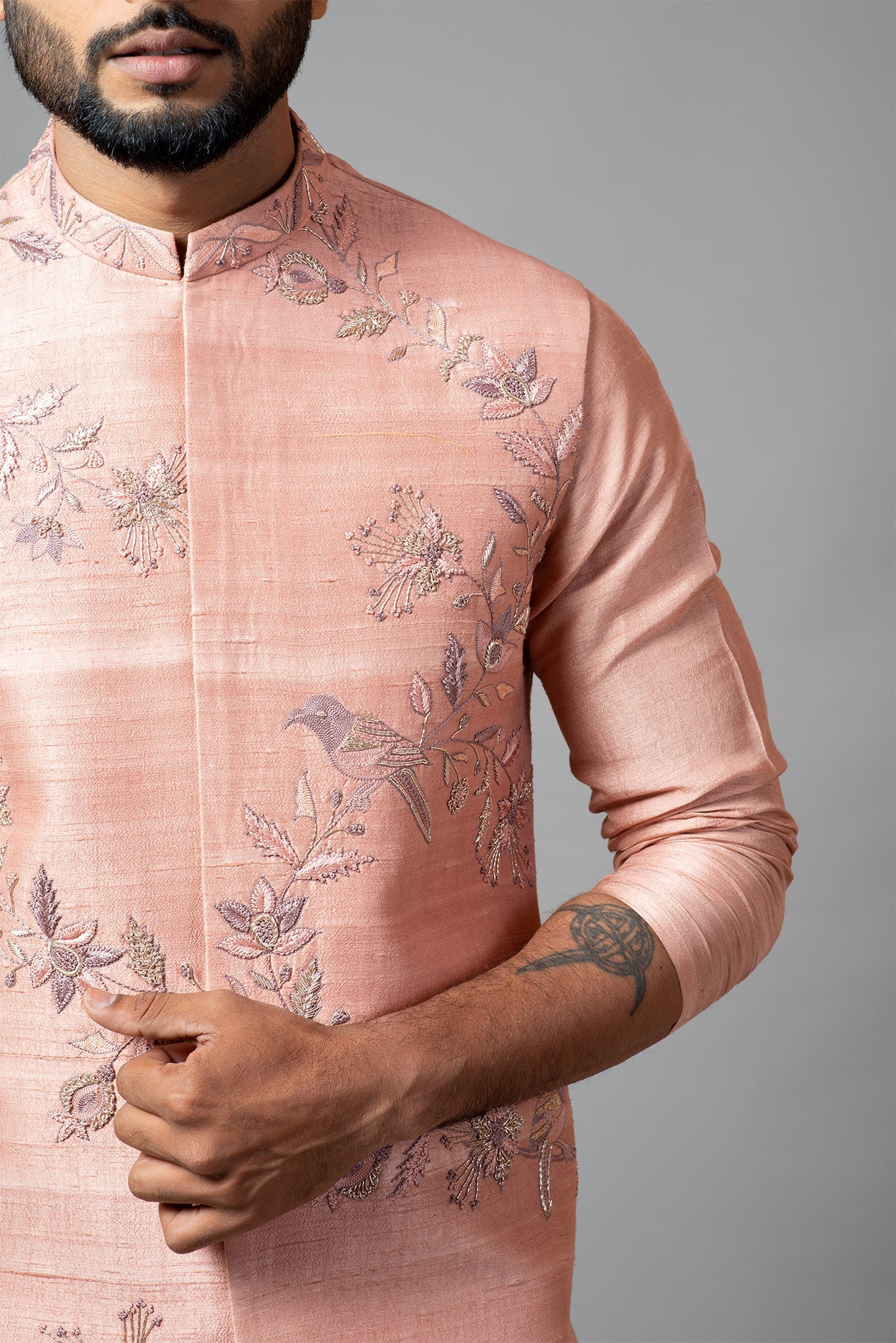 Onion pink Nehru jacket and kurta set with hand embroidery Set