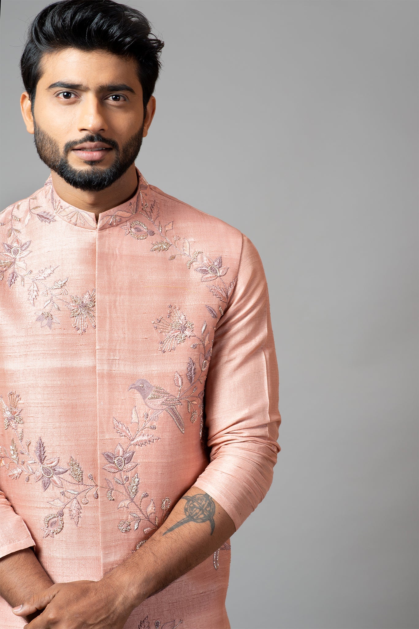 Onion pink Nehru jacket and kurta set with hand embroidery Set