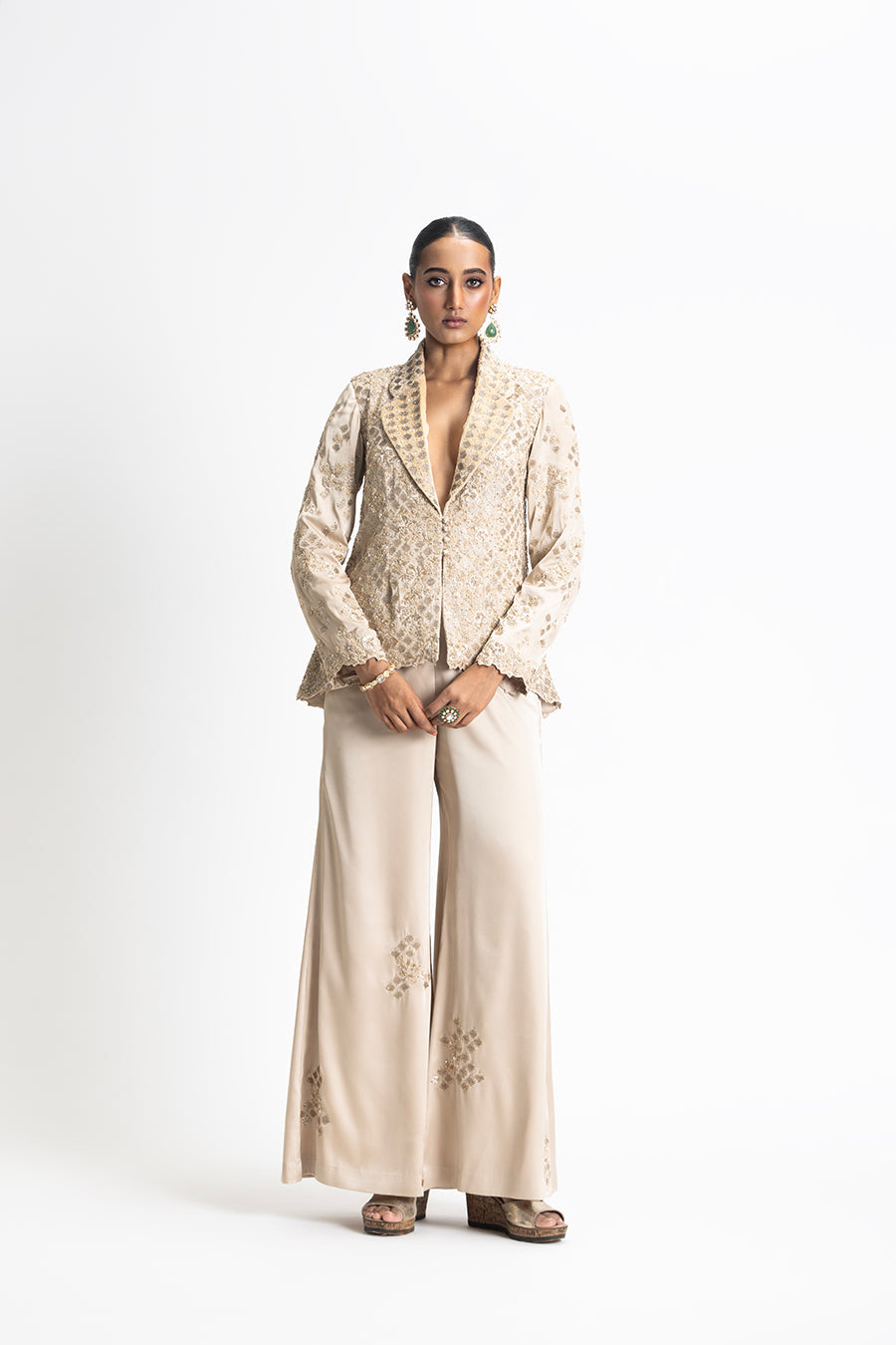 Gold Modal Satin Embroidered Jacket Trouser Set for Weddings