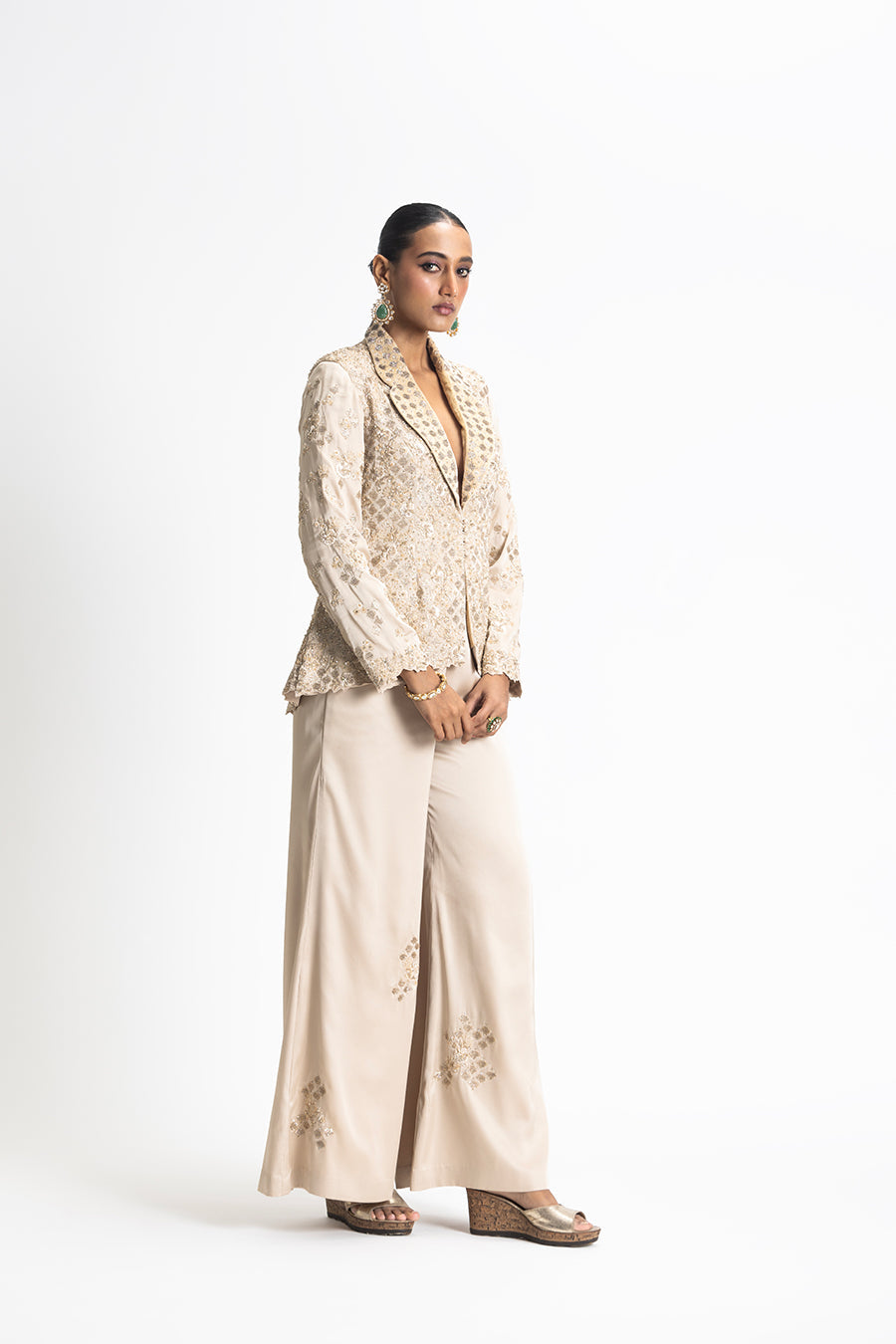 Gold Modal Satin Embroidered Jacket Trouser Set for Weddings