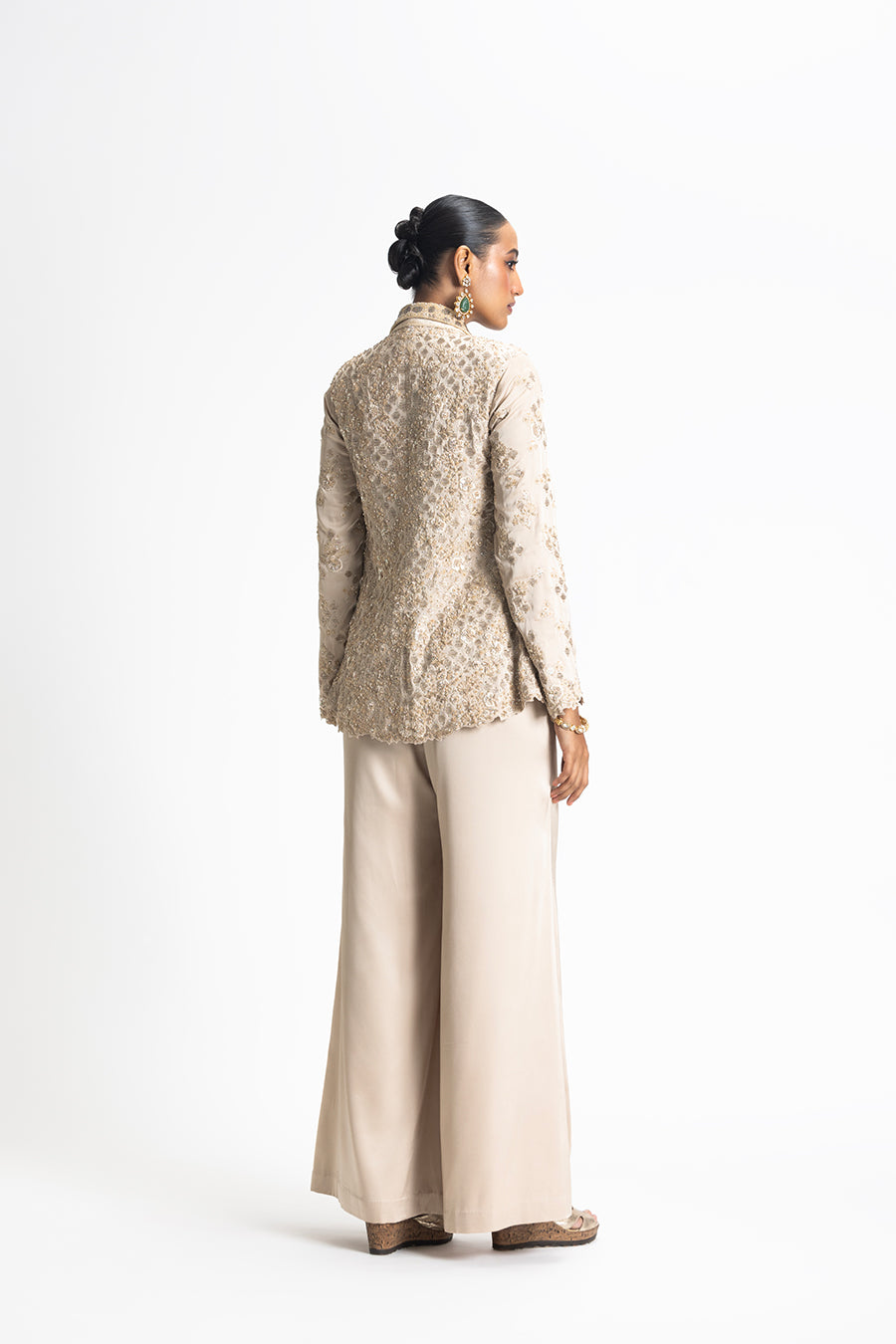 Gold Modal Satin Embroidered Jacket Trouser Set for Weddings