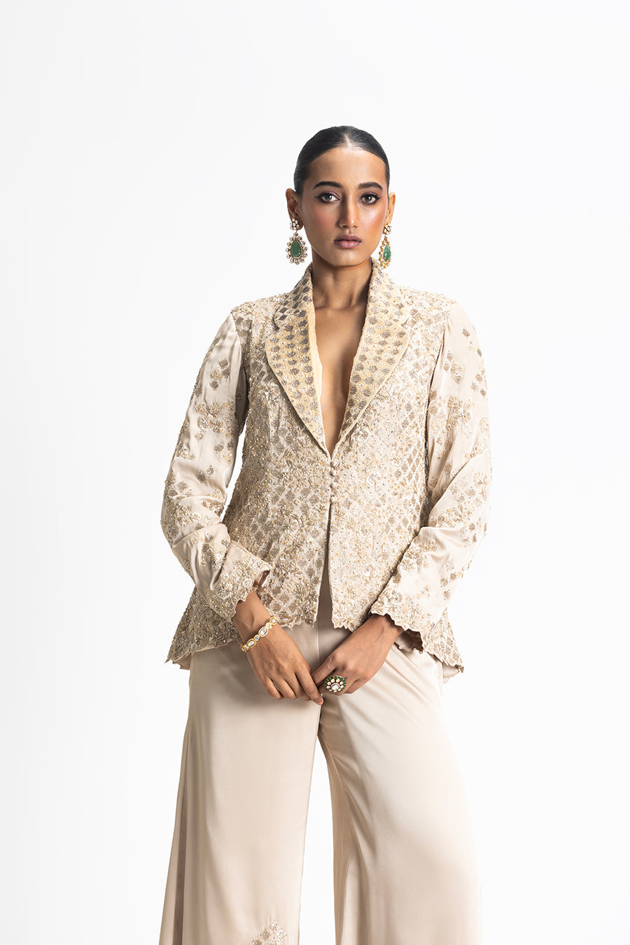 Gold Modal Satin Embroidered Jacket Trouser Set for Weddings