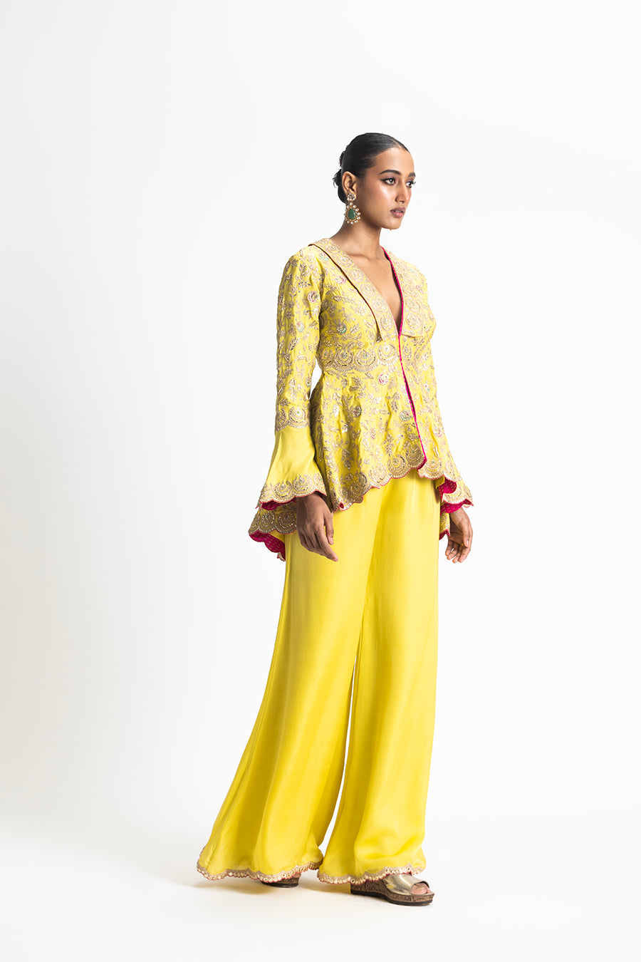 Mehndi Yellow Gota Work Jacket & Satin Trousers - Festive Set